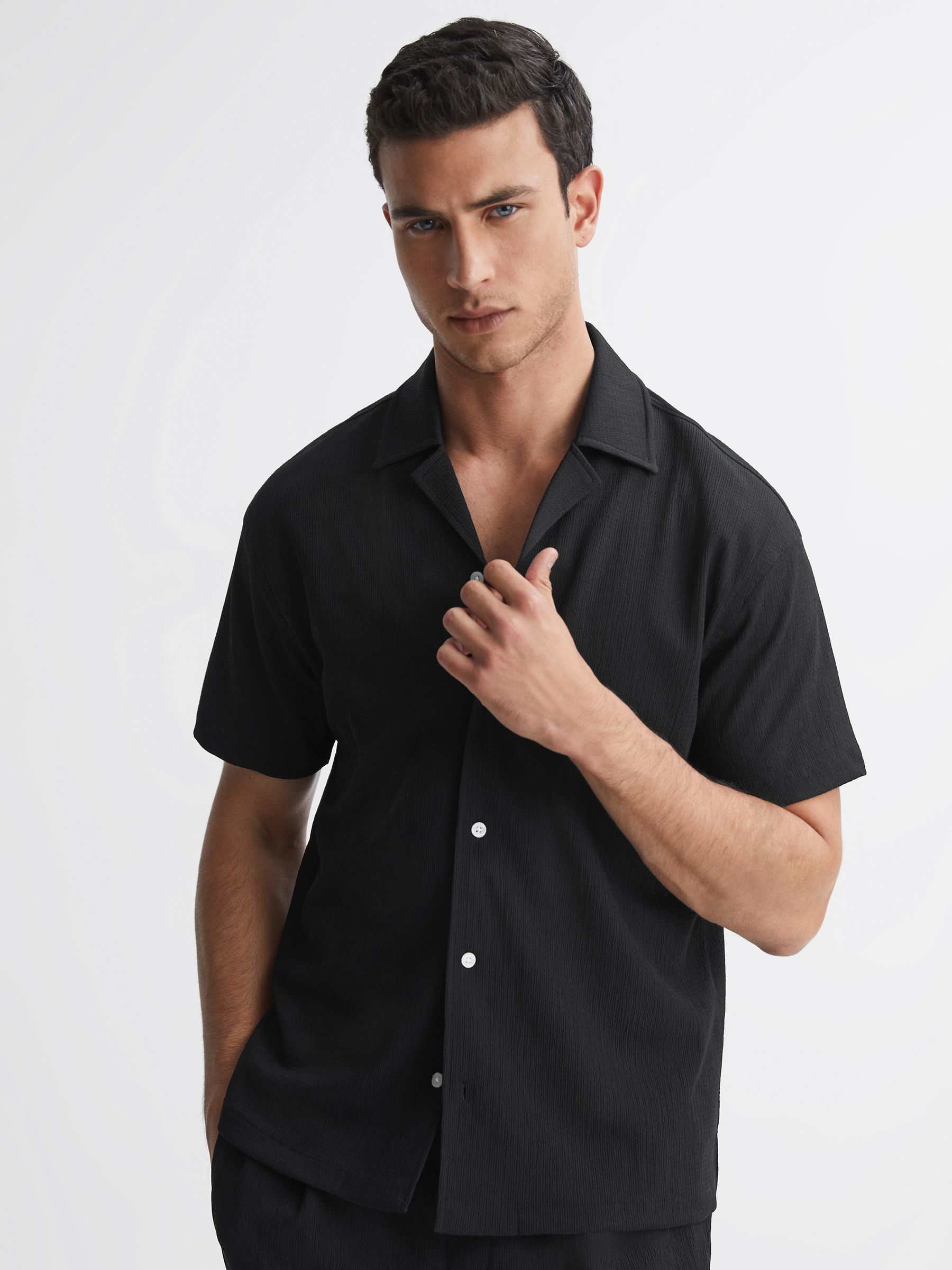 Textured Button-Through T-Shirt in Black - Image 3 of 4