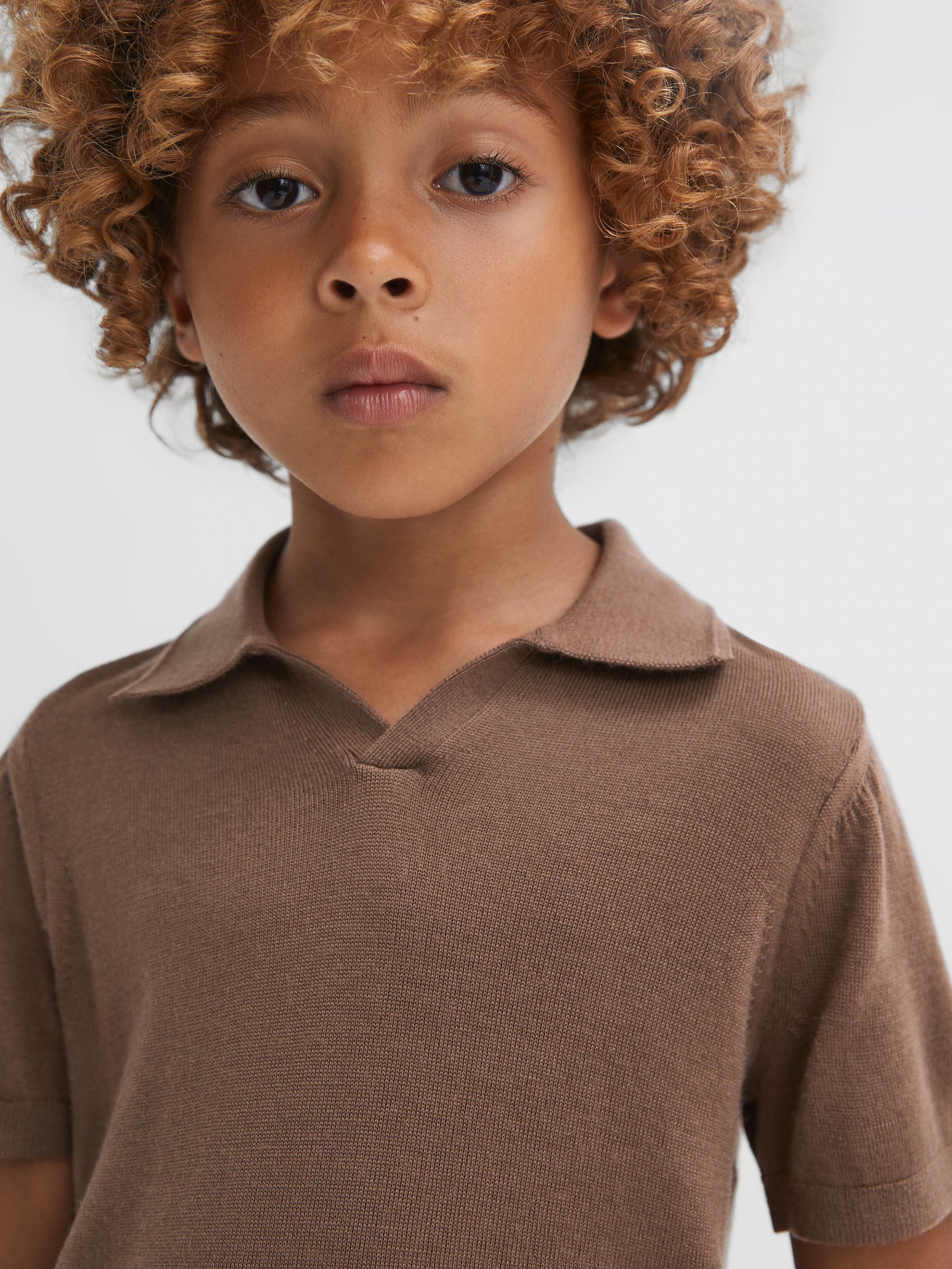 Junior Merino Wool Open Collar Polo Shirt in Brown Sugar - Image 1 of 6