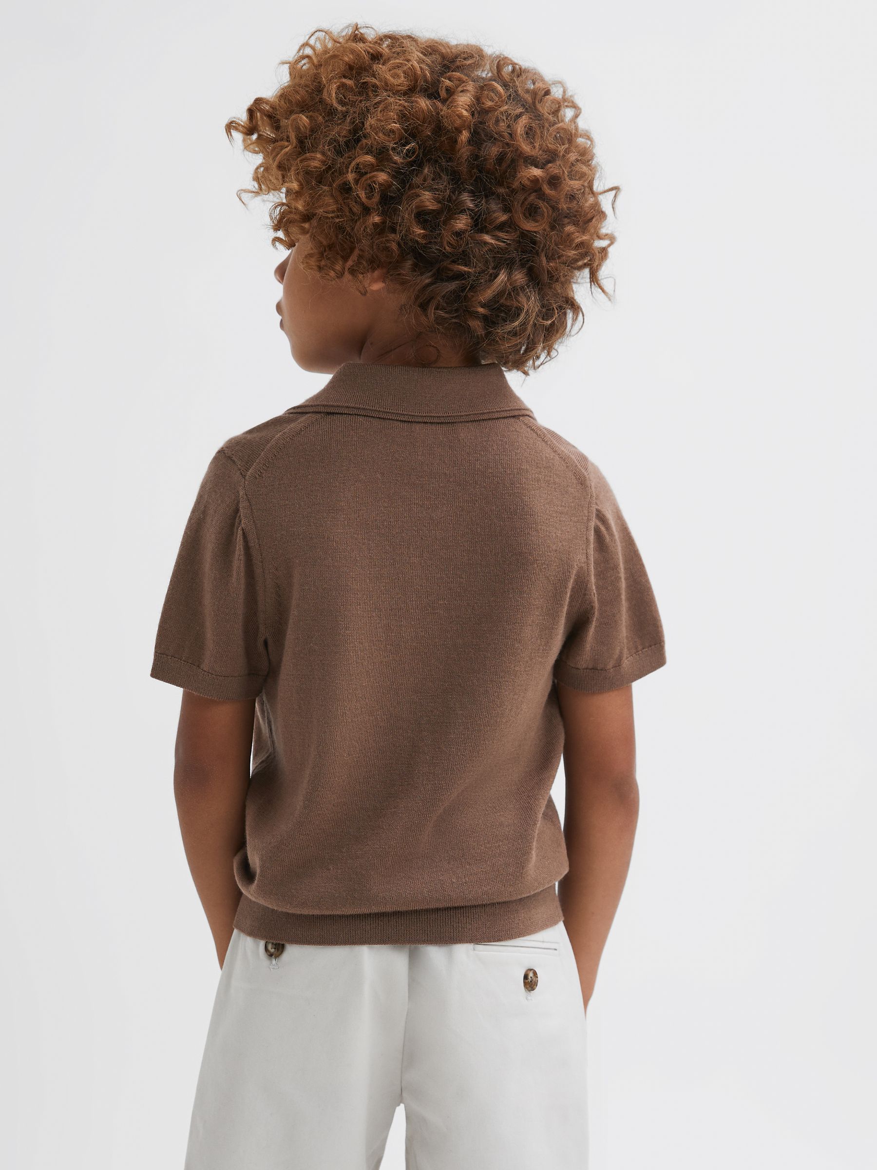 Junior Merino Wool Open Collar Polo Shirt in Brown Sugar - Image 4 of 6