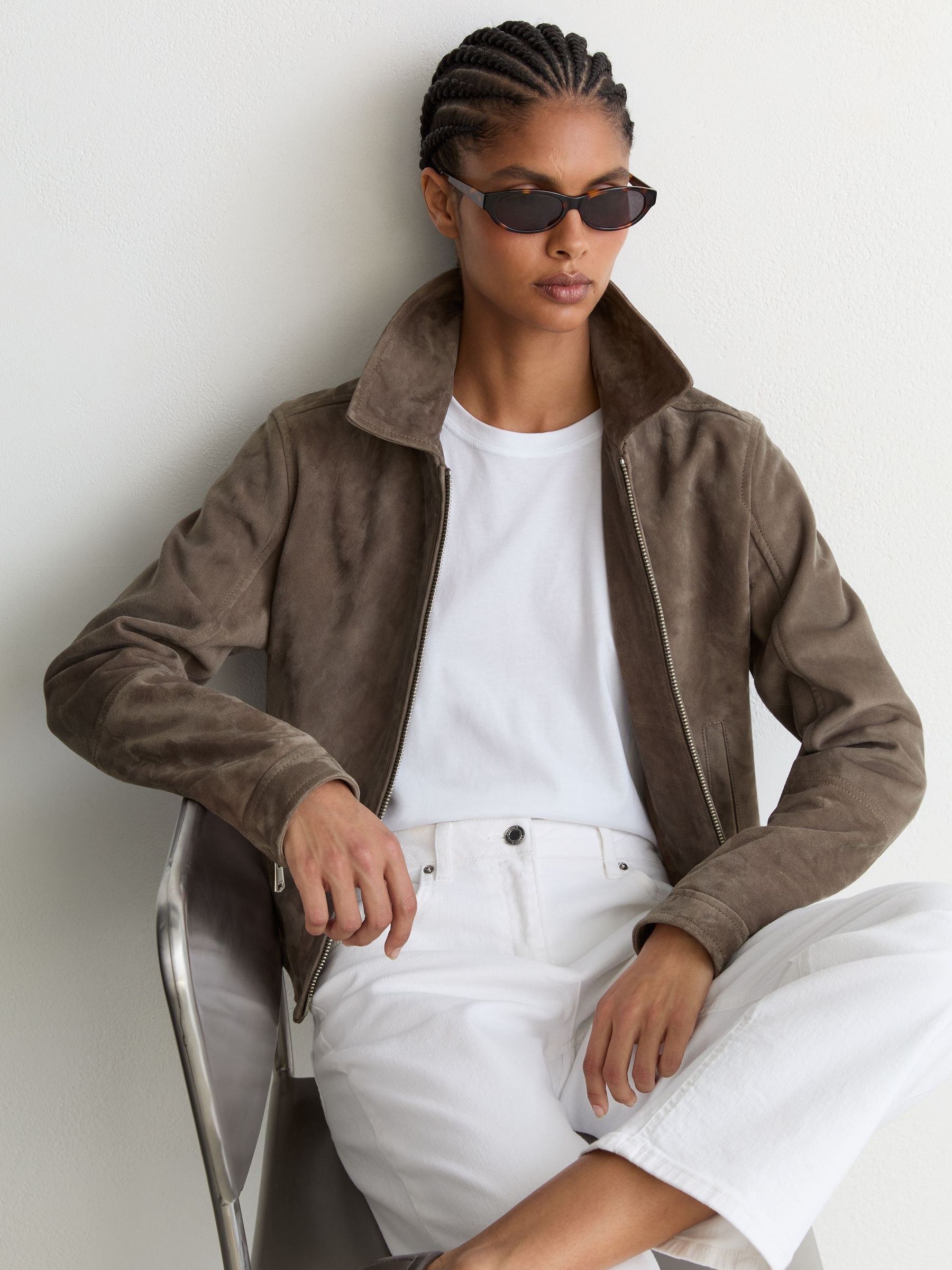 Petite Suede Zip-Through Moto Jacket in Grey - Image 1 of 9 Petite Suede Zip-Through Moto Jacket in Grey - Image 1 of 9