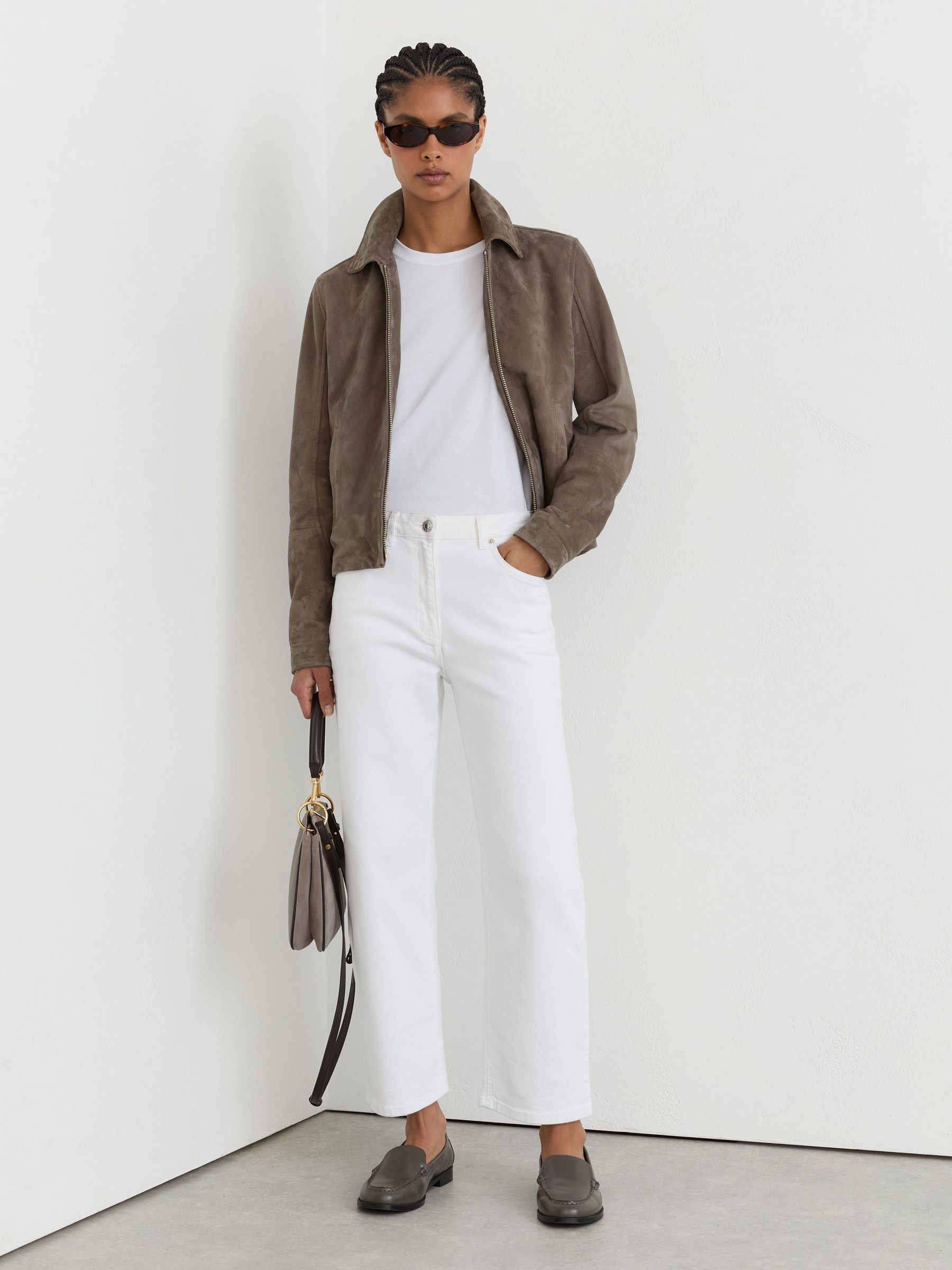Petite Suede Zip-Through Moto Jacket in Grey - Image 3 of 9