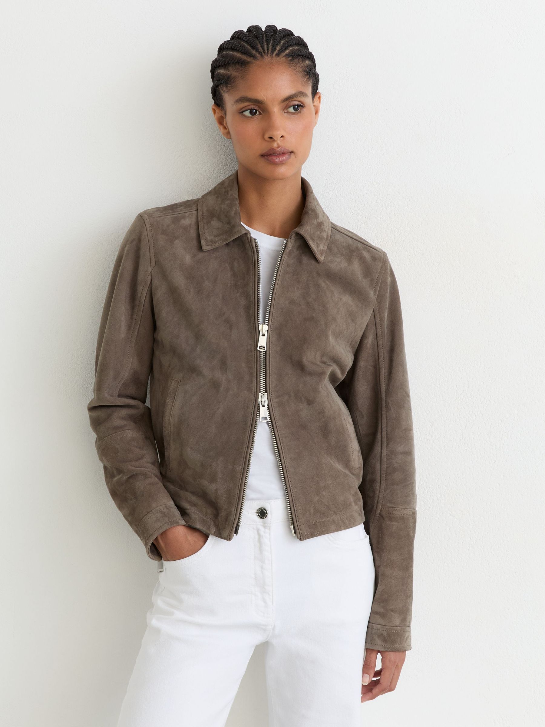 Petite Suede Zip-Through Moto Jacket in Grey - Image 6 of 9