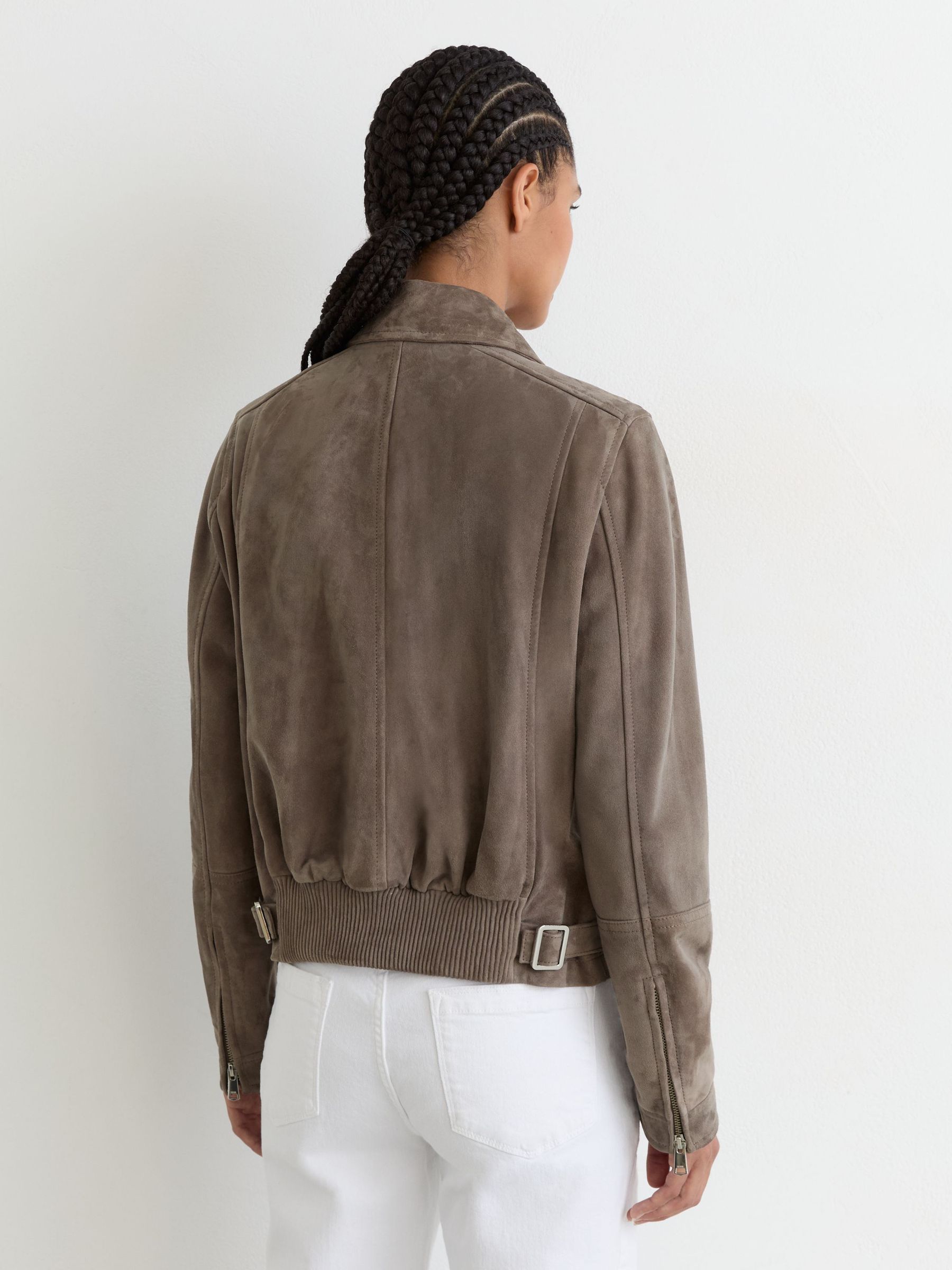 Petite Suede Zip-Through Moto Jacket in Grey - Image 7 of 9