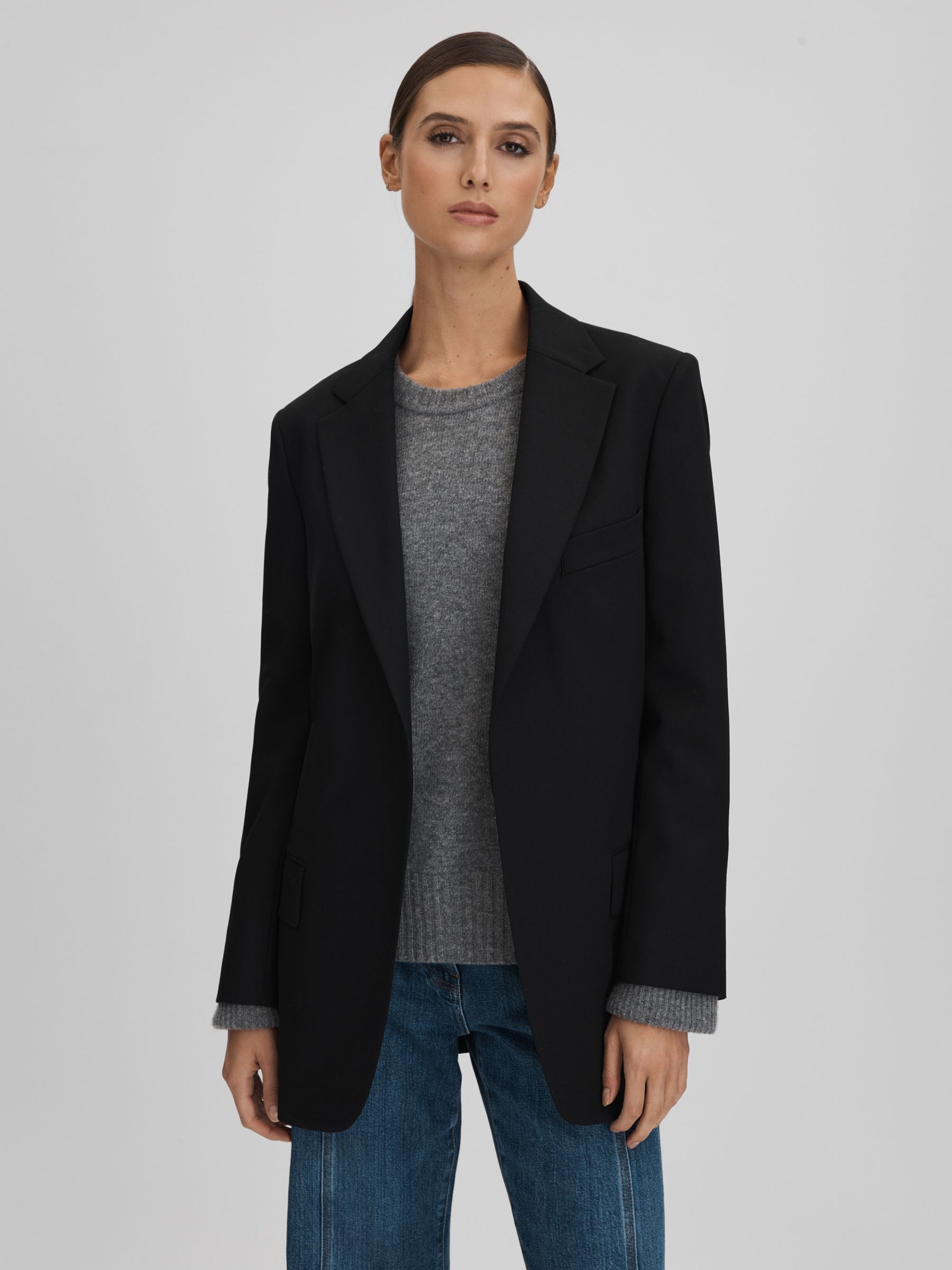 Petite Oversized Wool Blend Single Breasted Blazer in Black - Image 3 of 9