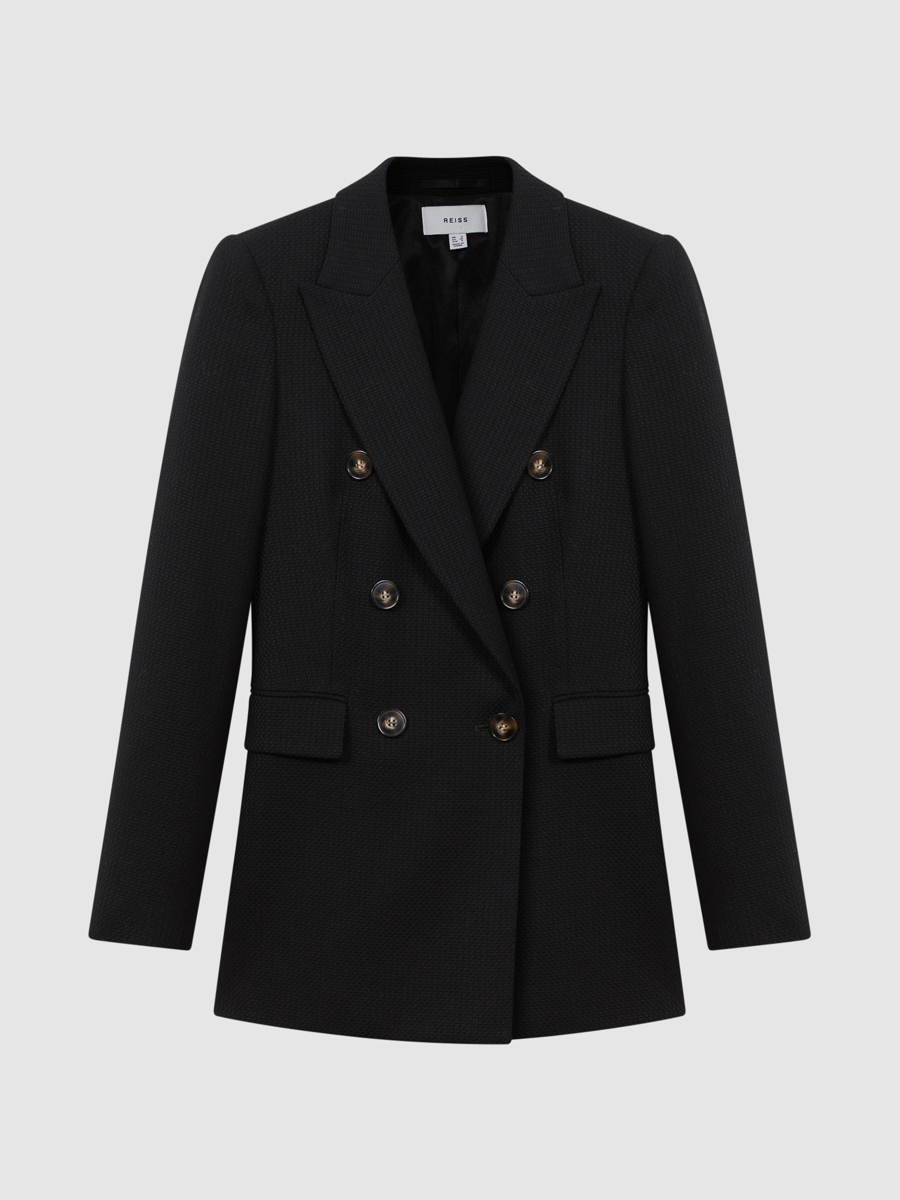 Petite Tailored Textured Wool Blend Double Breasted Blazer in Black - Image 2 of 6