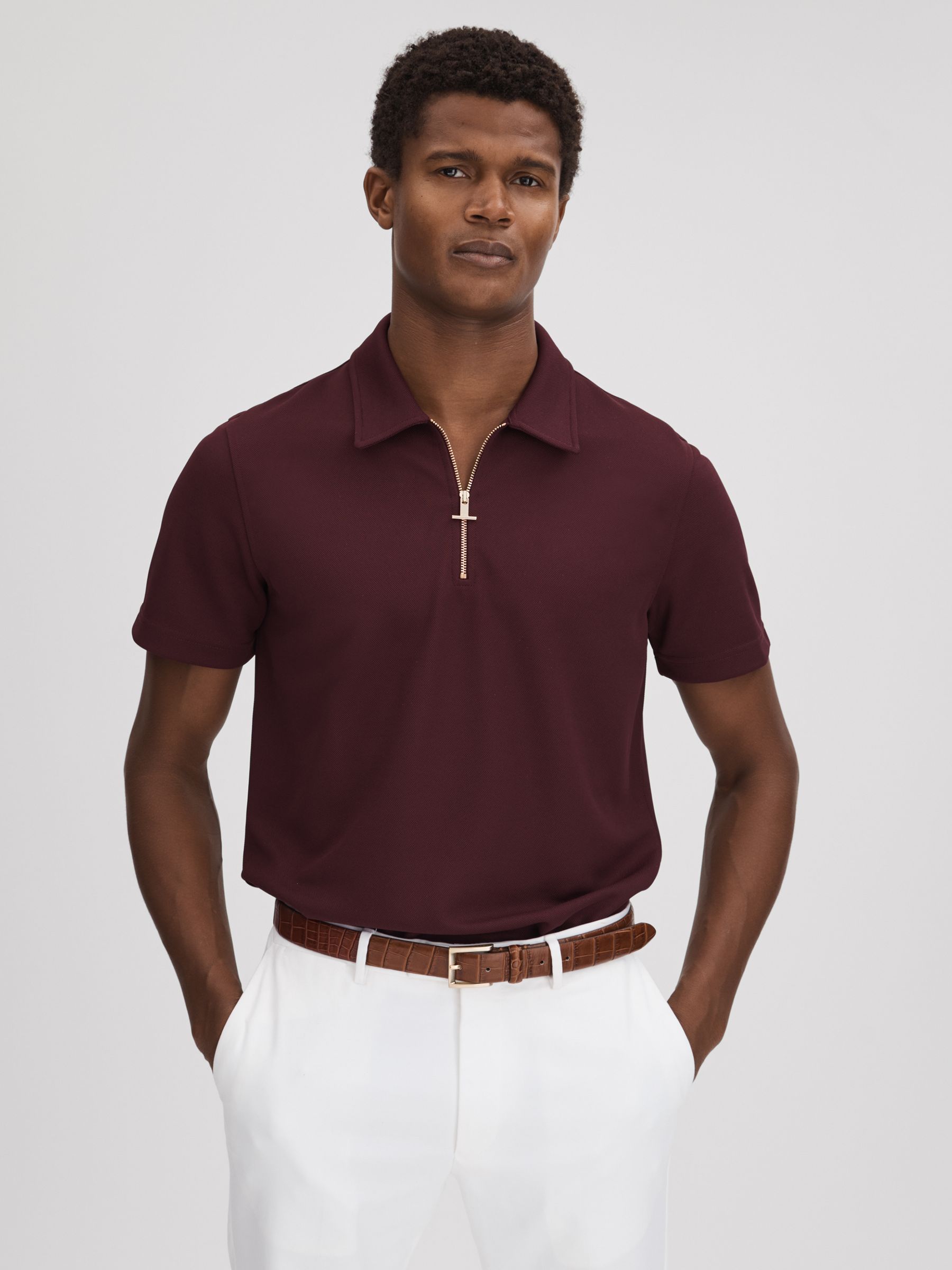 Slim Fit Half-Zip Polo Shirt in Bordeaux - Image 1 of 5