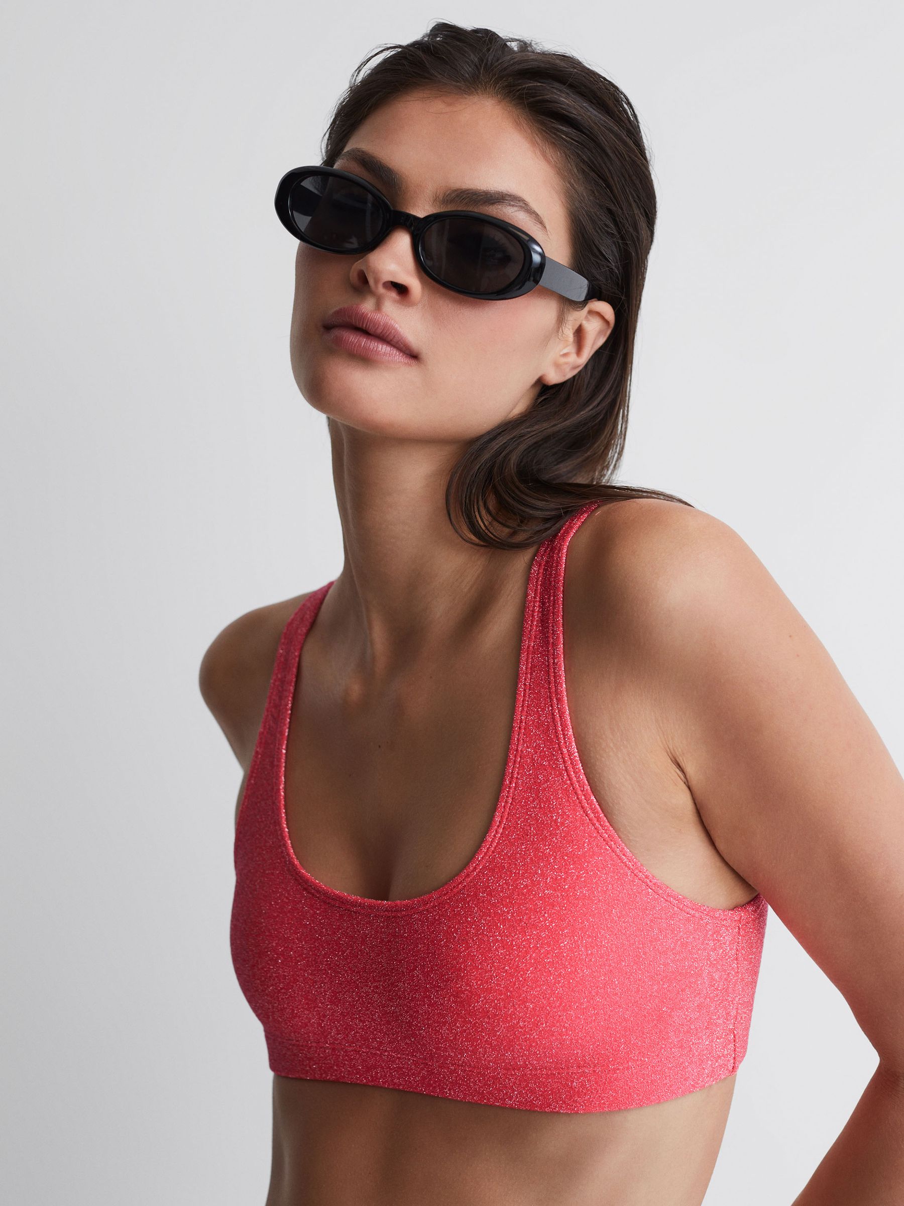 Good American Sparkle Scoop Bikini Top in Bright Coral - Image 1 of 5