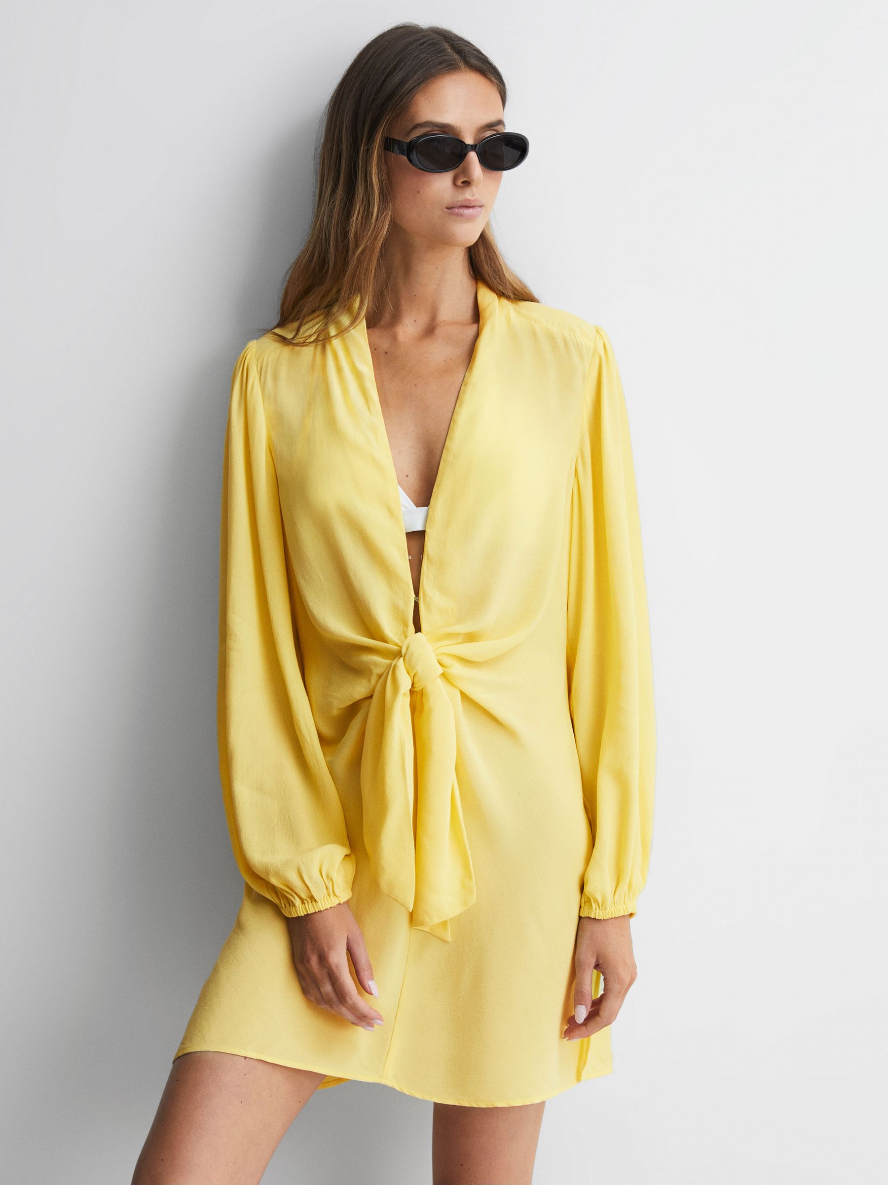Tie Front Mini Dress in Yellow - Image 4 of 5