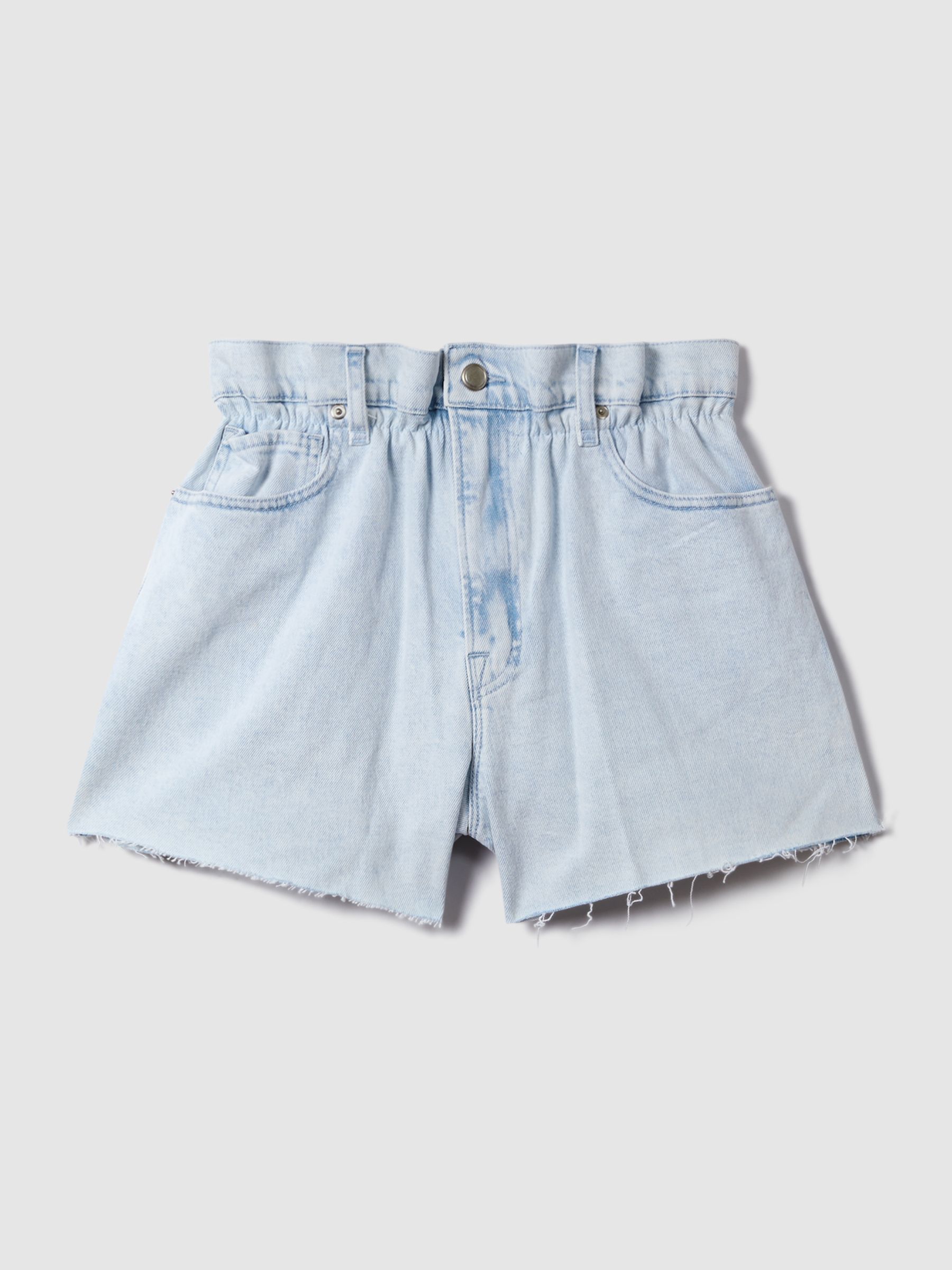 Good American Elasticated Waist Distressed Denim Shorts in Light Blue - Image 2 of 6