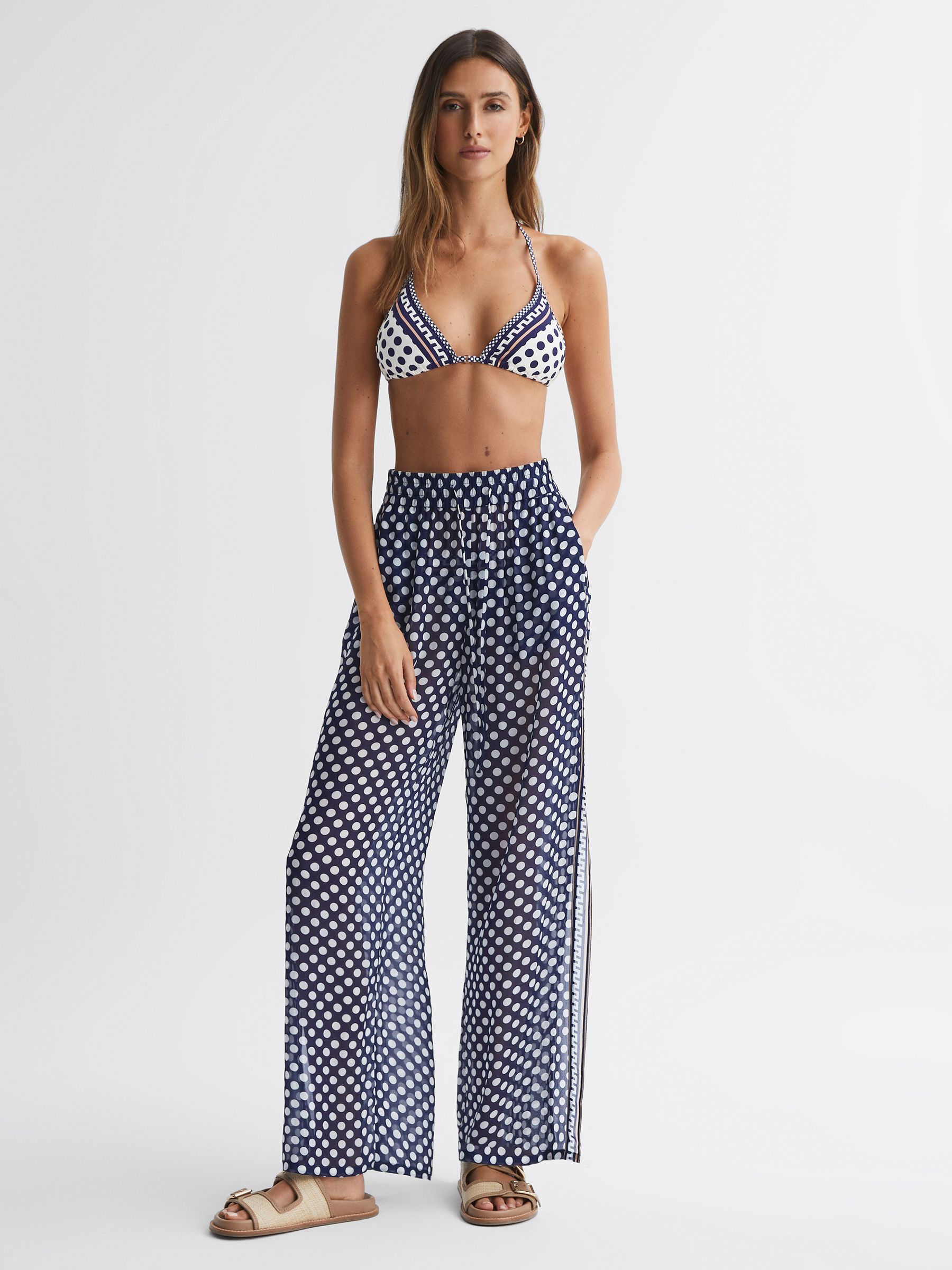 Polka Dot Split Hem Trousers in Navy/White - Image 1 of 4