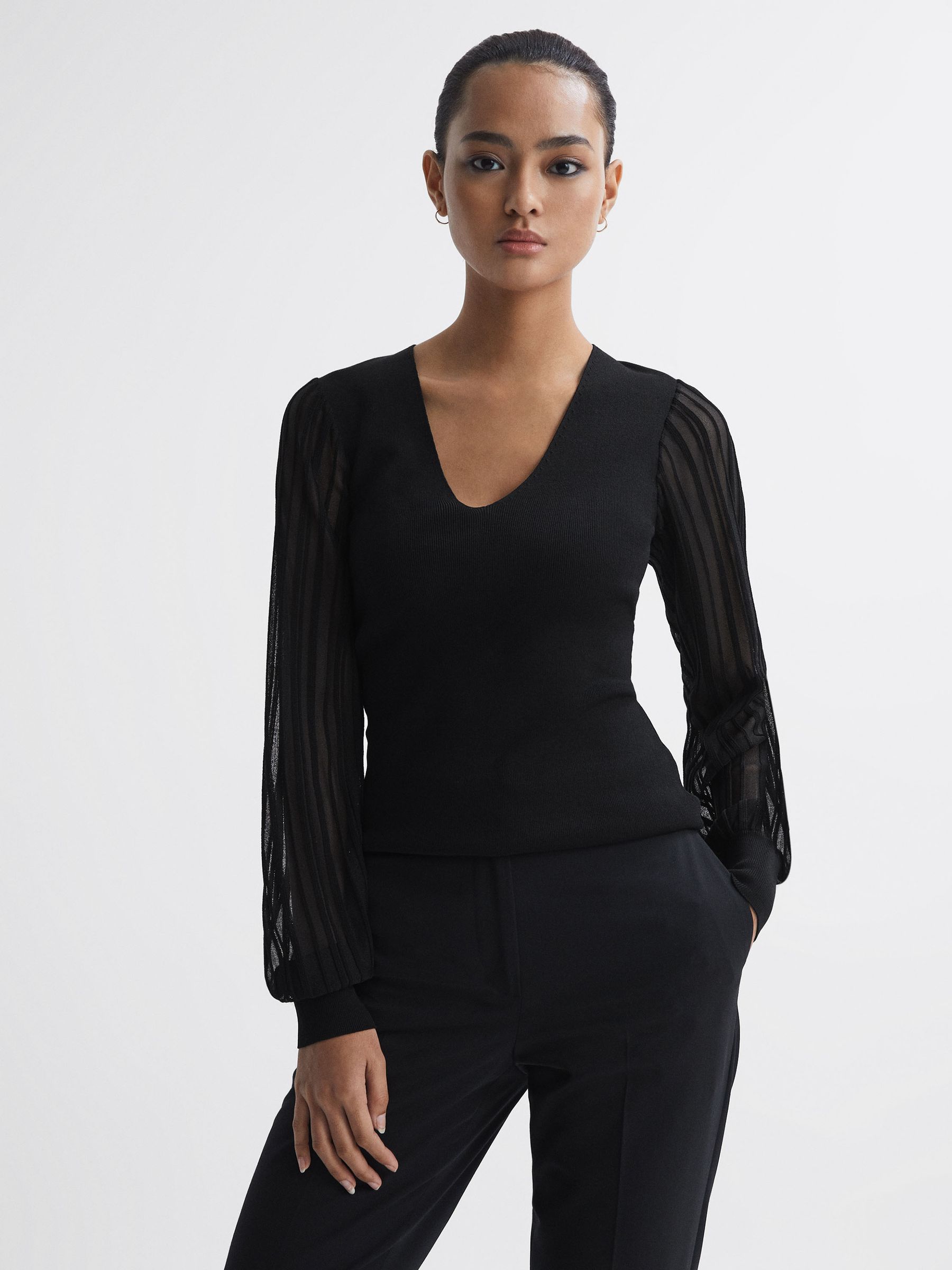Sheer Sleeve V-Neck Top in Black - Image 1 of 5