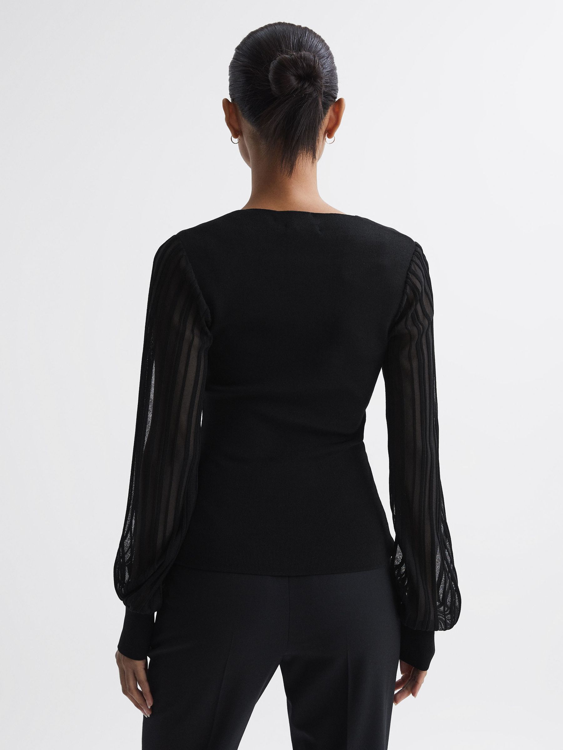 Reiss Sheer Sleeve V-Neck Top in Black - REISS