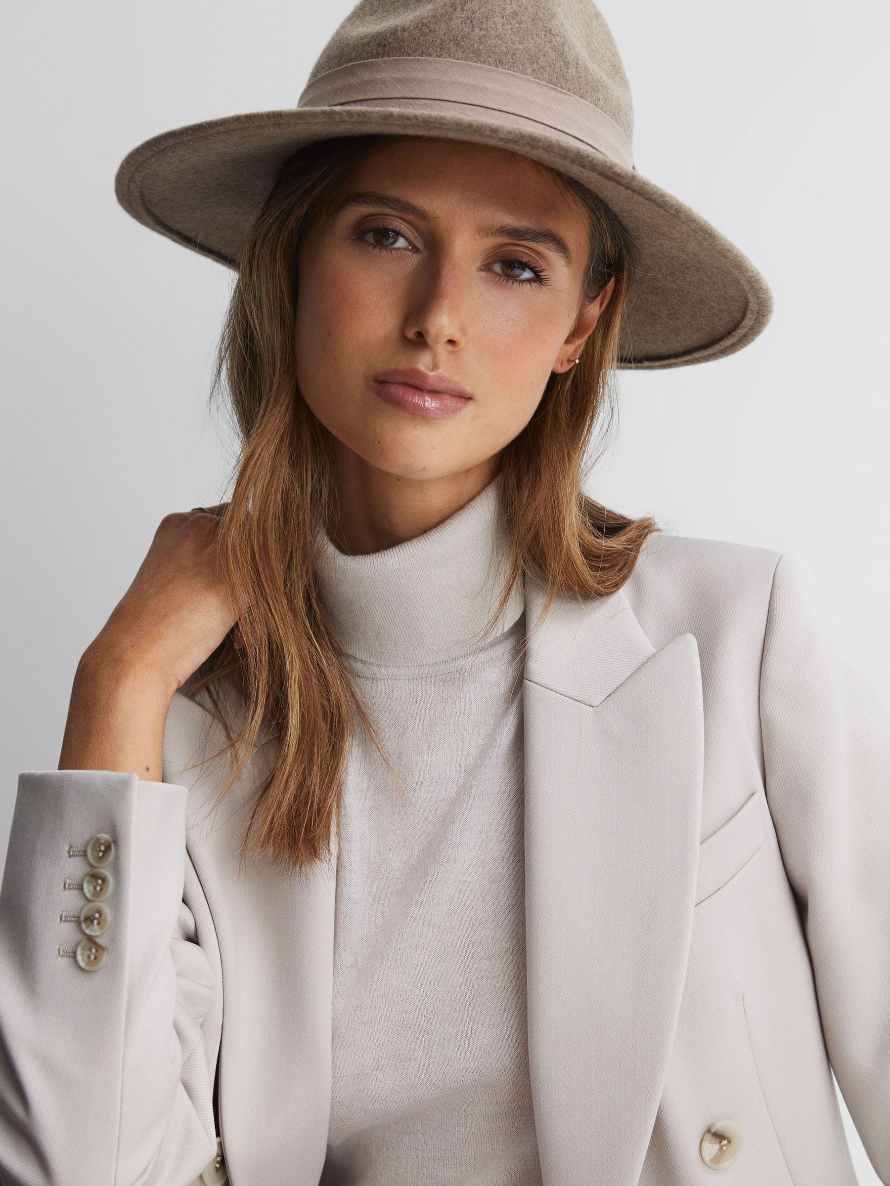 Wool Wide Brim Fedora Hat in Taupe - Image 2 of 4