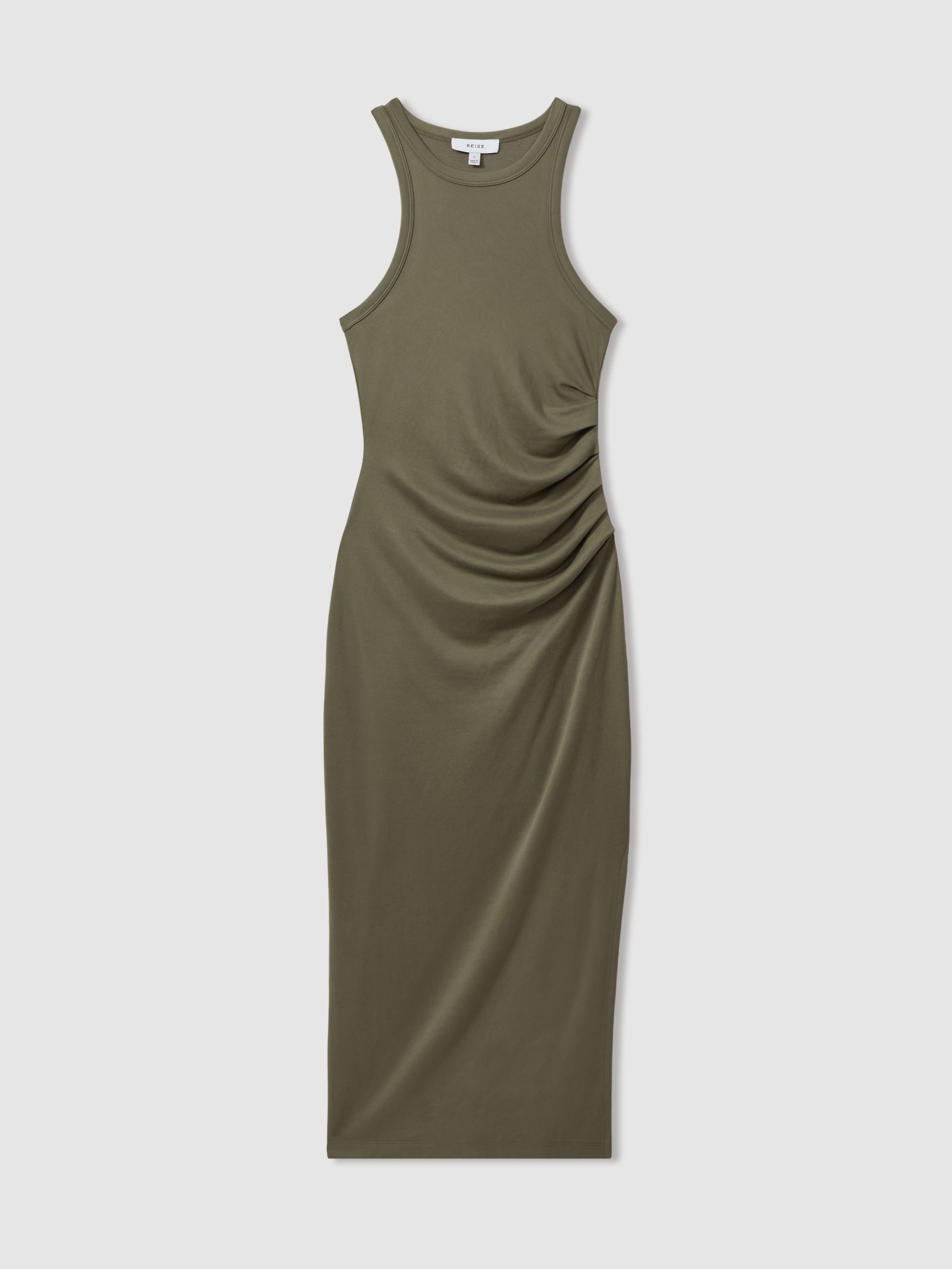 Ruched Jersey Bodycon Midi Dress in Khaki - Image 2 of 5