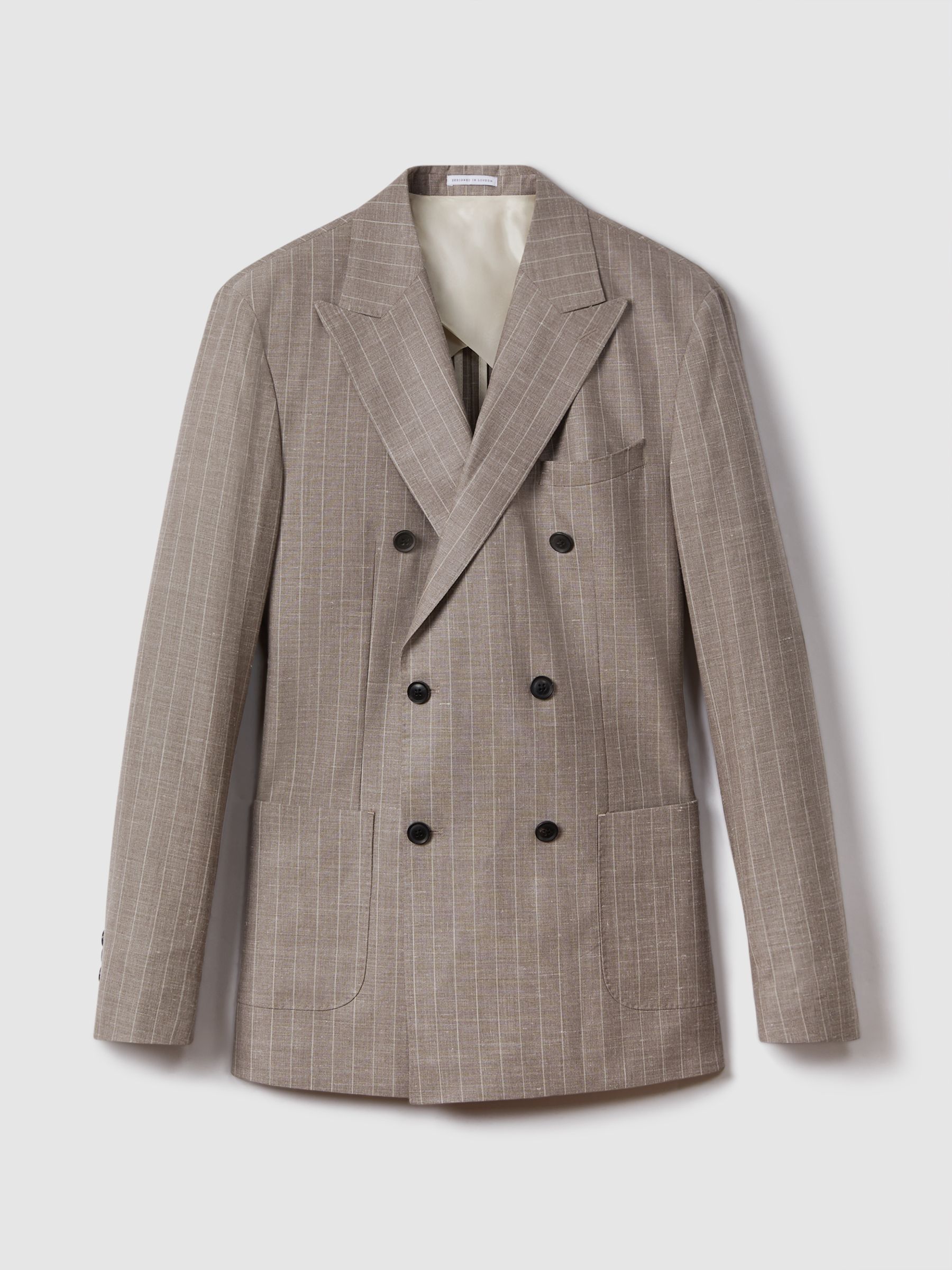 Slim Fit Wool-Silk-Linen Double Breasted Blazer in Mocha - Image 2 of 8