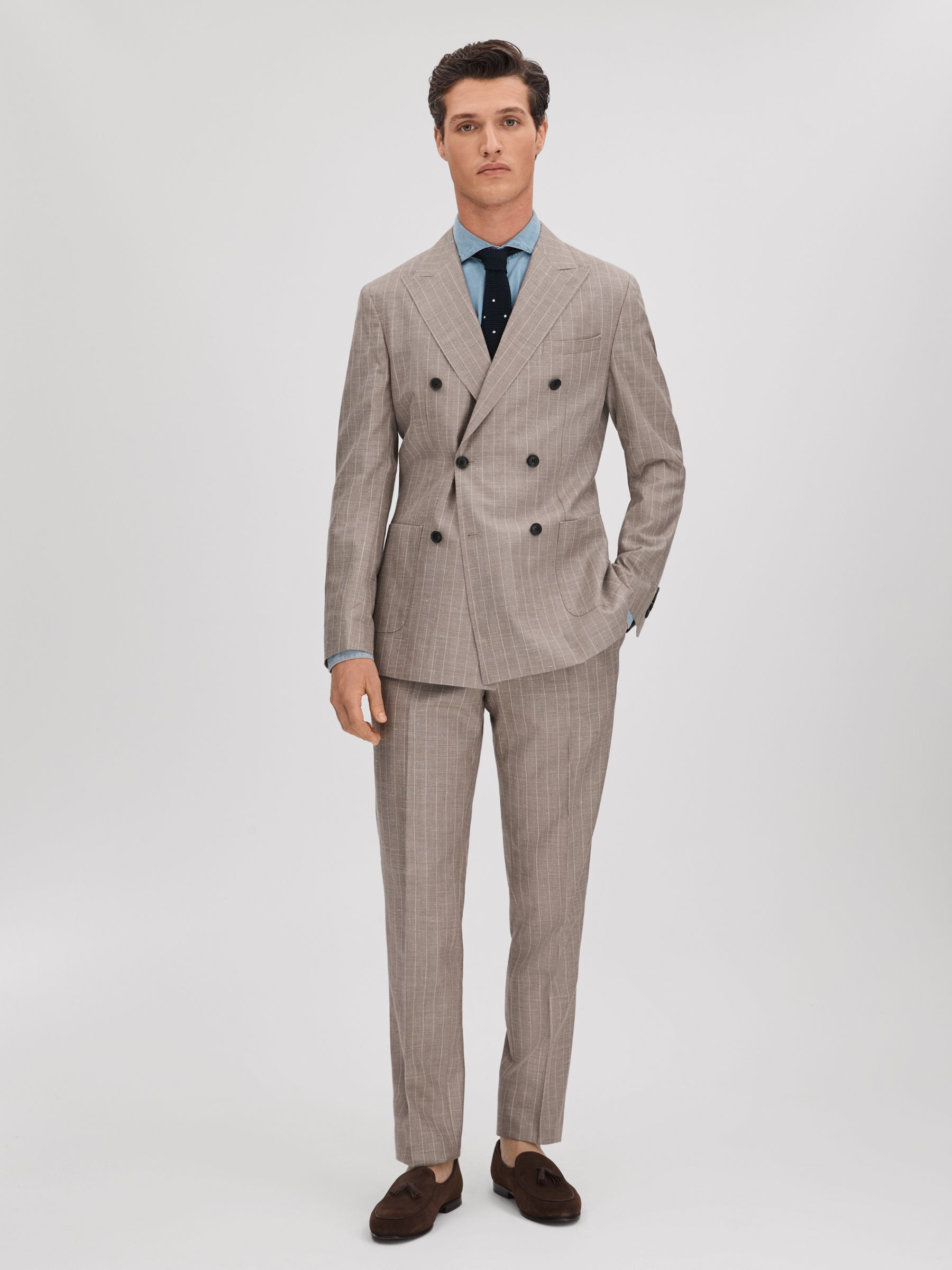 Slim Fit Wool-Silk-Linen Double Breasted Blazer in Mocha - Image 3 of 8