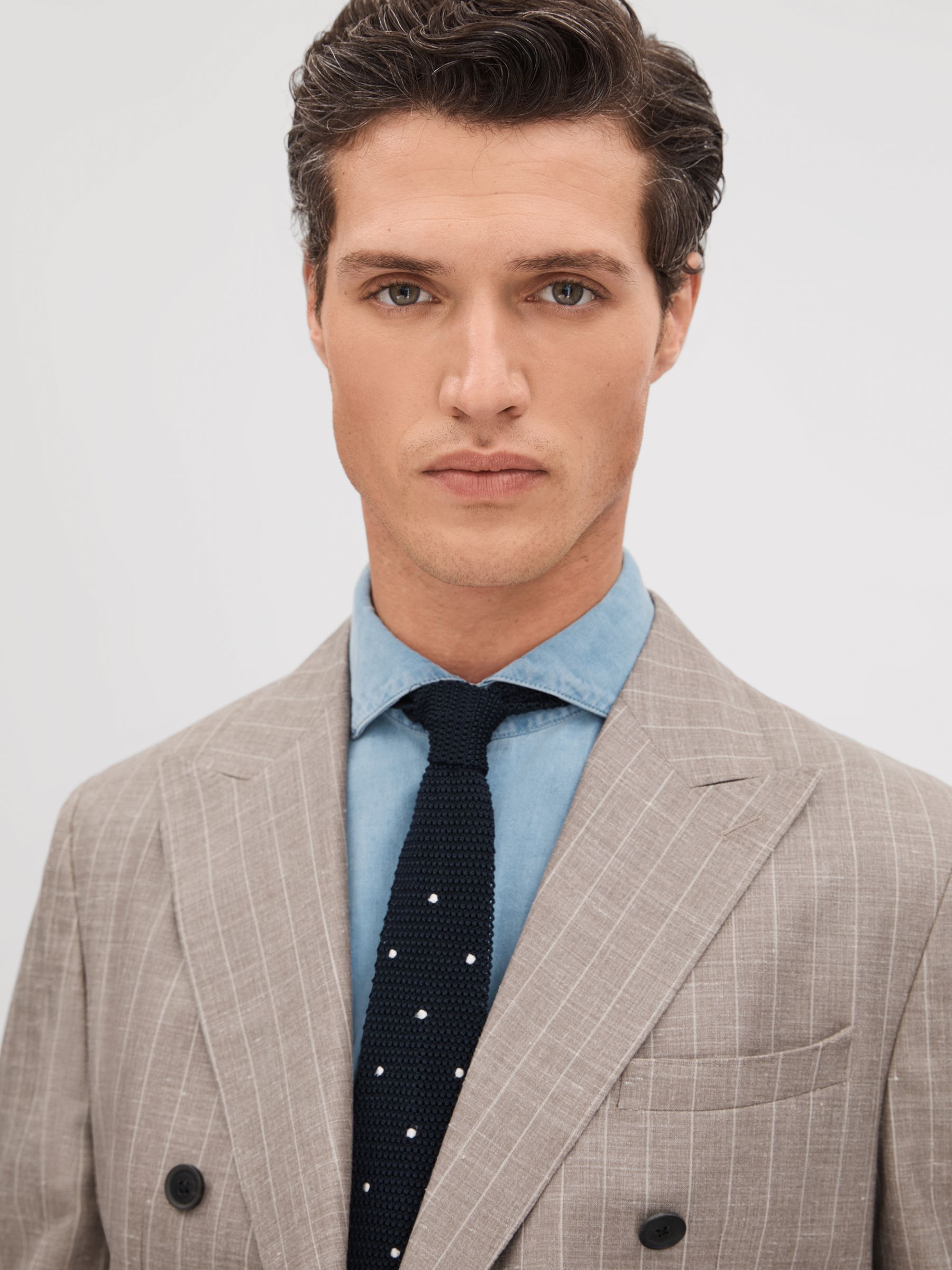 Slim Fit Wool-Silk-Linen Double Breasted Blazer in Mocha - Image 4 of 8