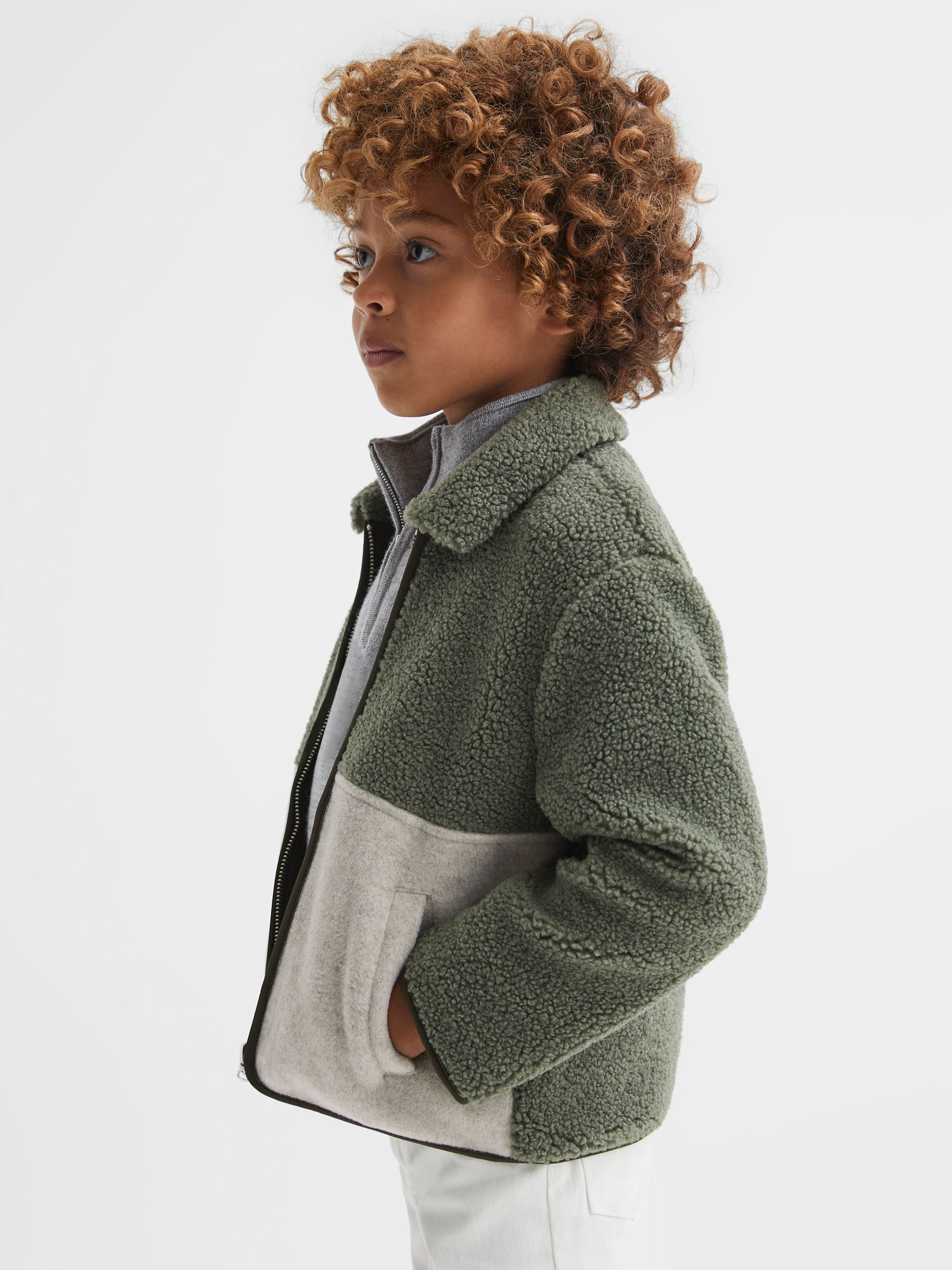 Senior Sherpa Zip-Through Jacket in Sage - Image 1 of 6 Senior Sherpa Zip-Through Jacket in Sage - Image 1 of 6