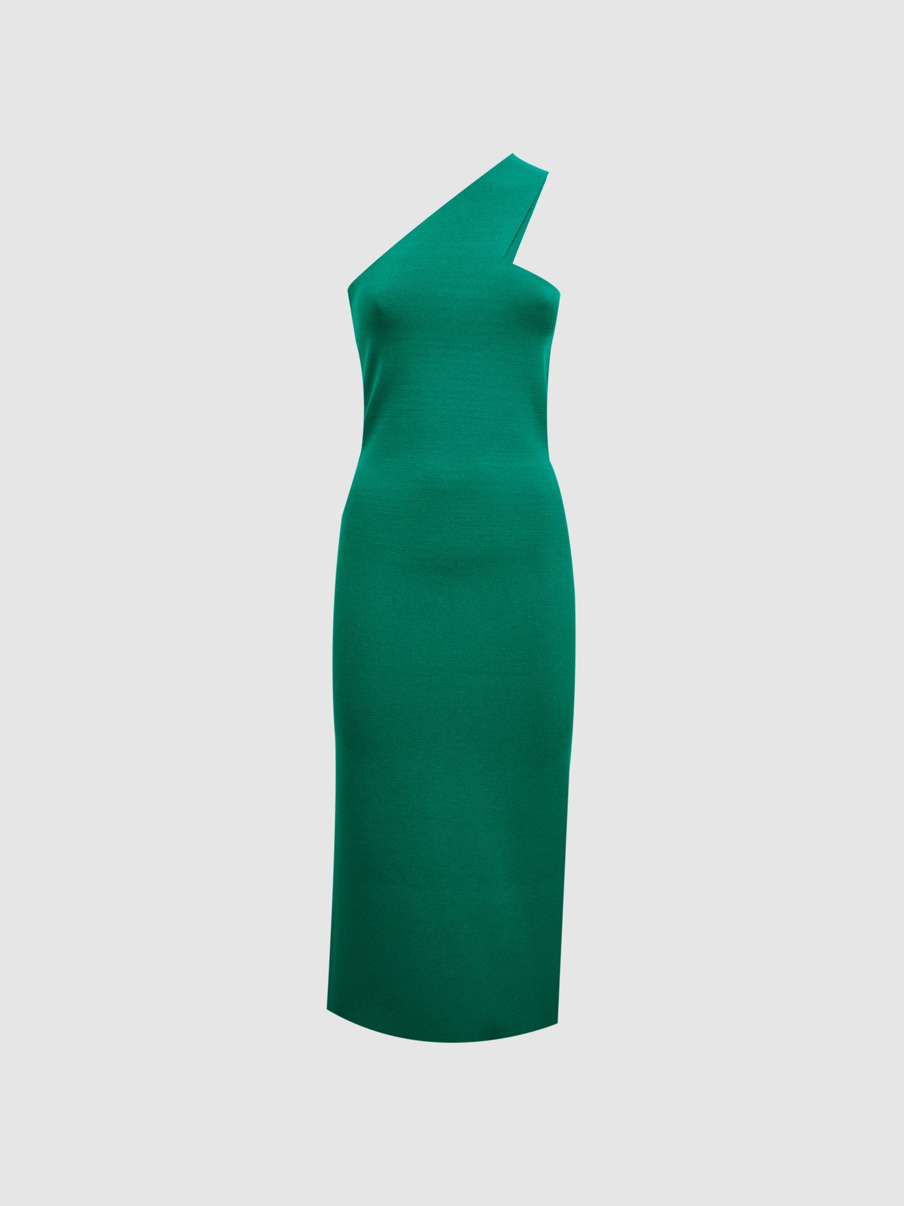 Knitted One Shoulder Bodycon Midi Dress in Green - Image 2 of 4