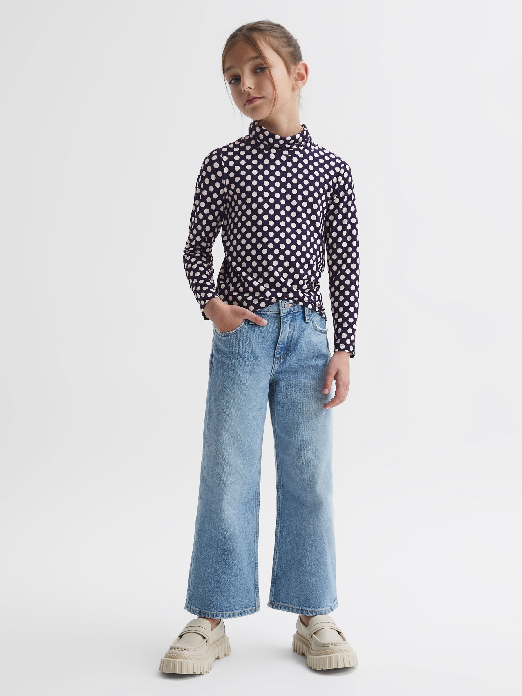 9-14 yrs Polka Dot Roll Neck Top in Navy/White - Image 1 of 6