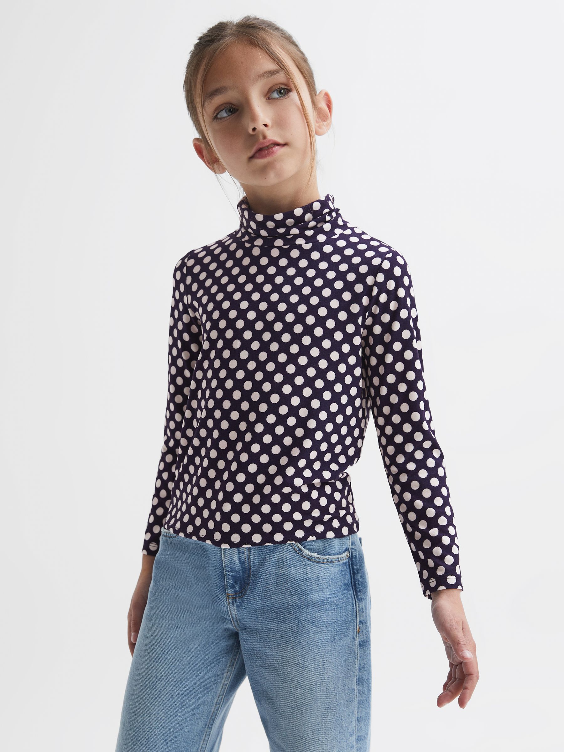 9-14 yrs Polka Dot Roll Neck Top in Navy/White - Image 3 of 6