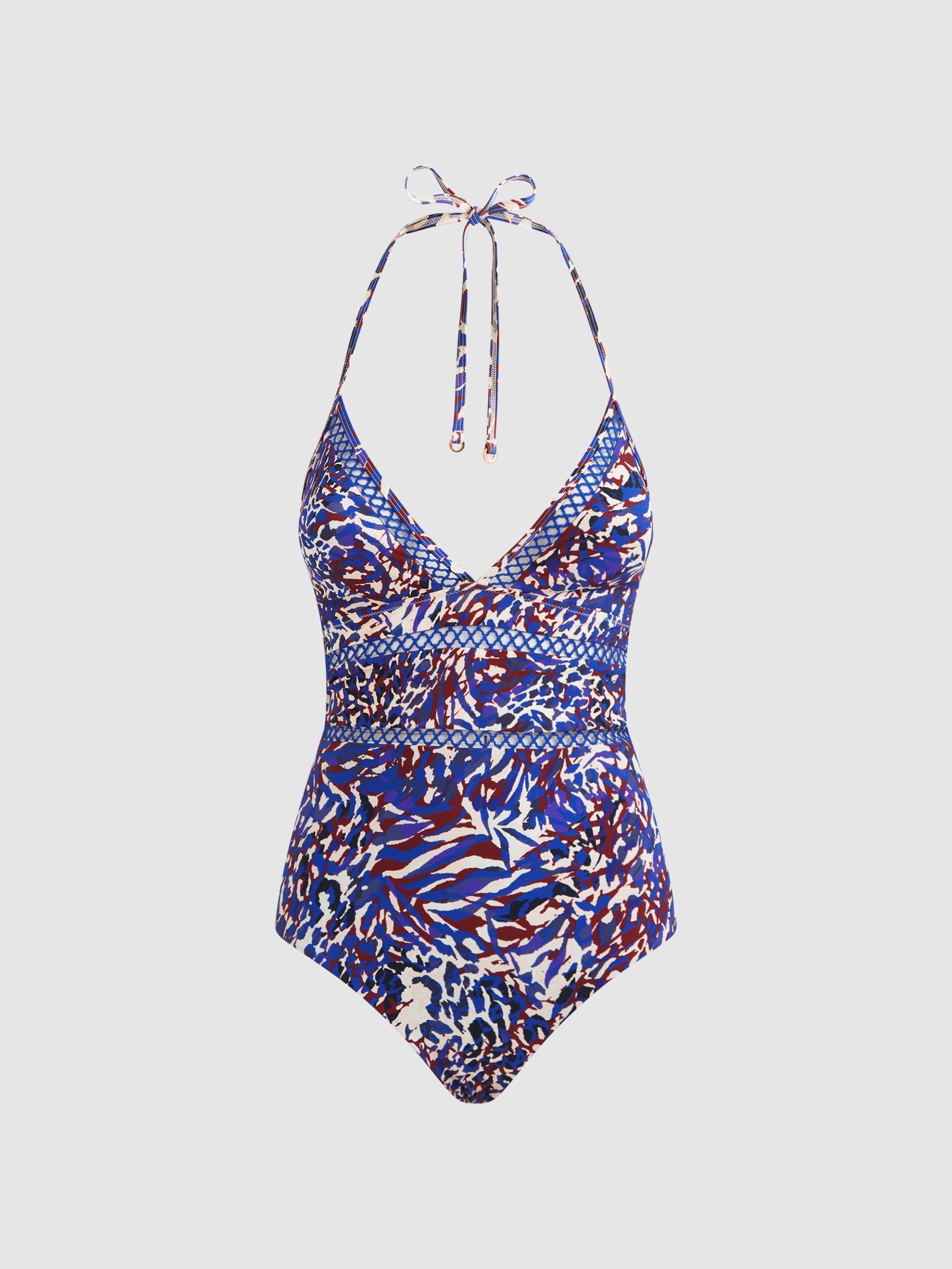 Halterneck Printed Swimsuit in Purple Print - Image 2 of 4