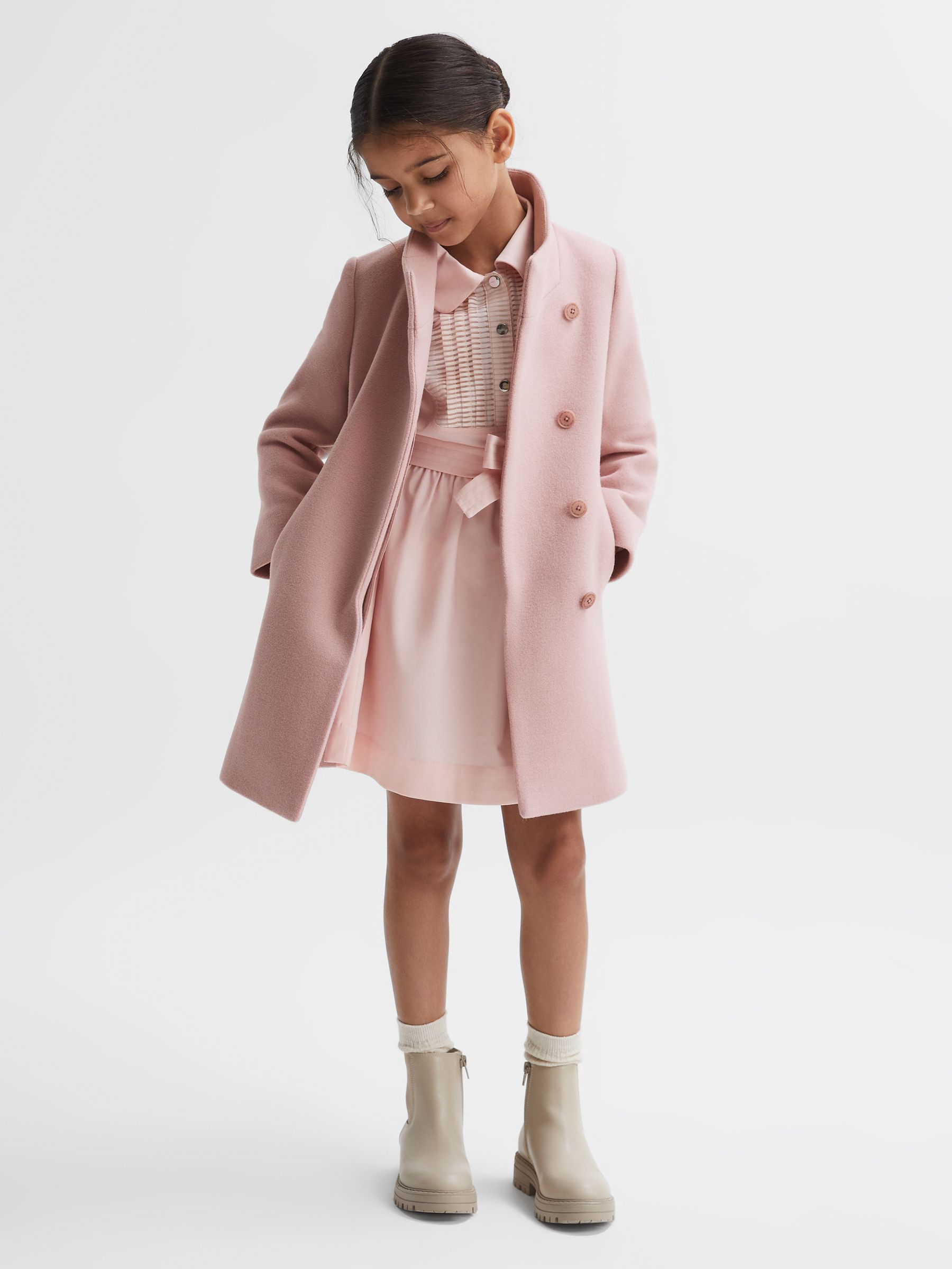 Senior Wool Blend Funnel Neck Coat in Pink - Image 1 of 6 Senior Wool Blend Funnel Neck Coat in Pink - Image 1 of 6