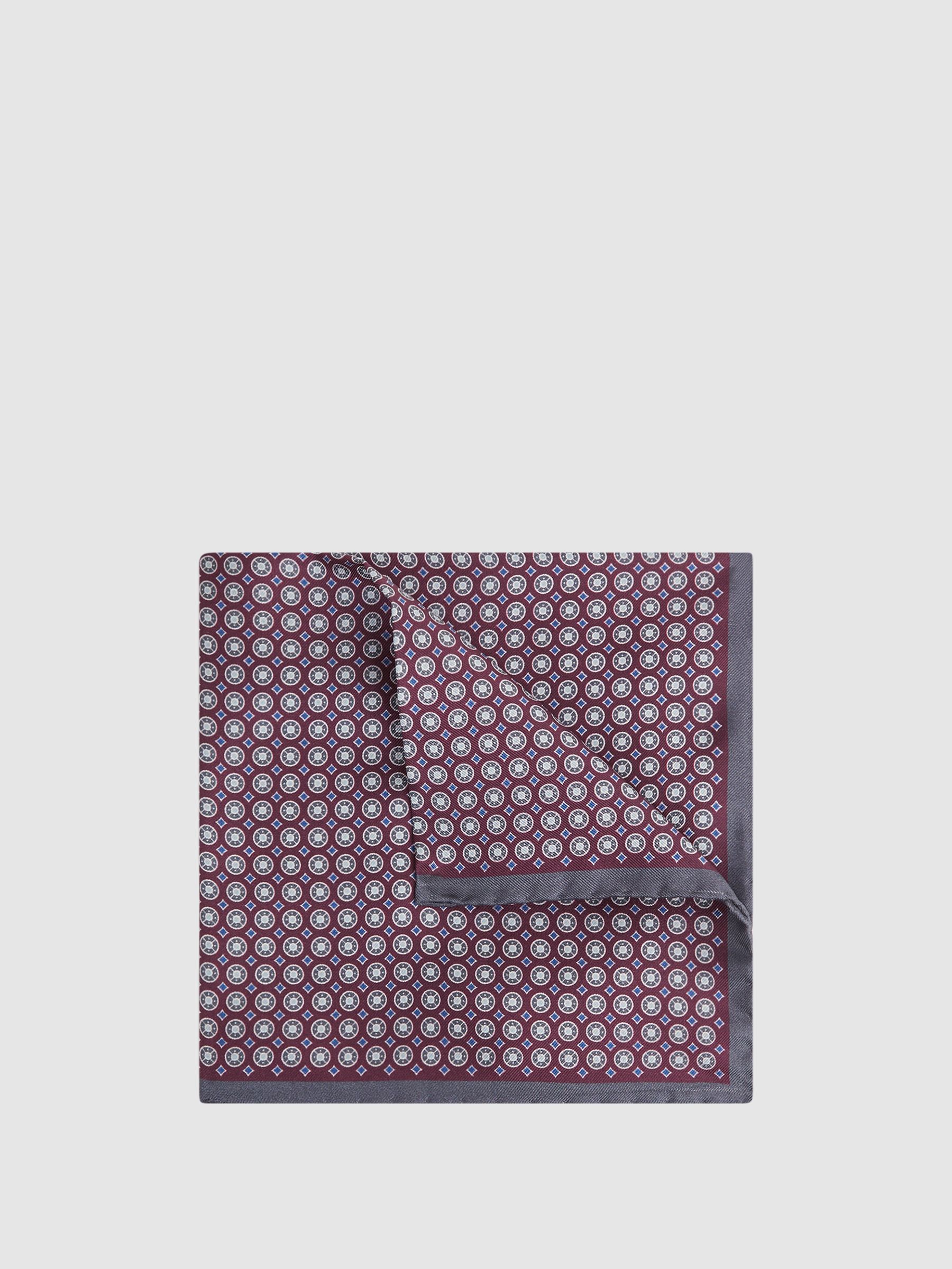Silk Printed Pocket Square in Bordeaux/Charcoal - Image 1 of 5 Silk Printed Pocket Square in Bordeaux/Charcoal - Image 1 of 5