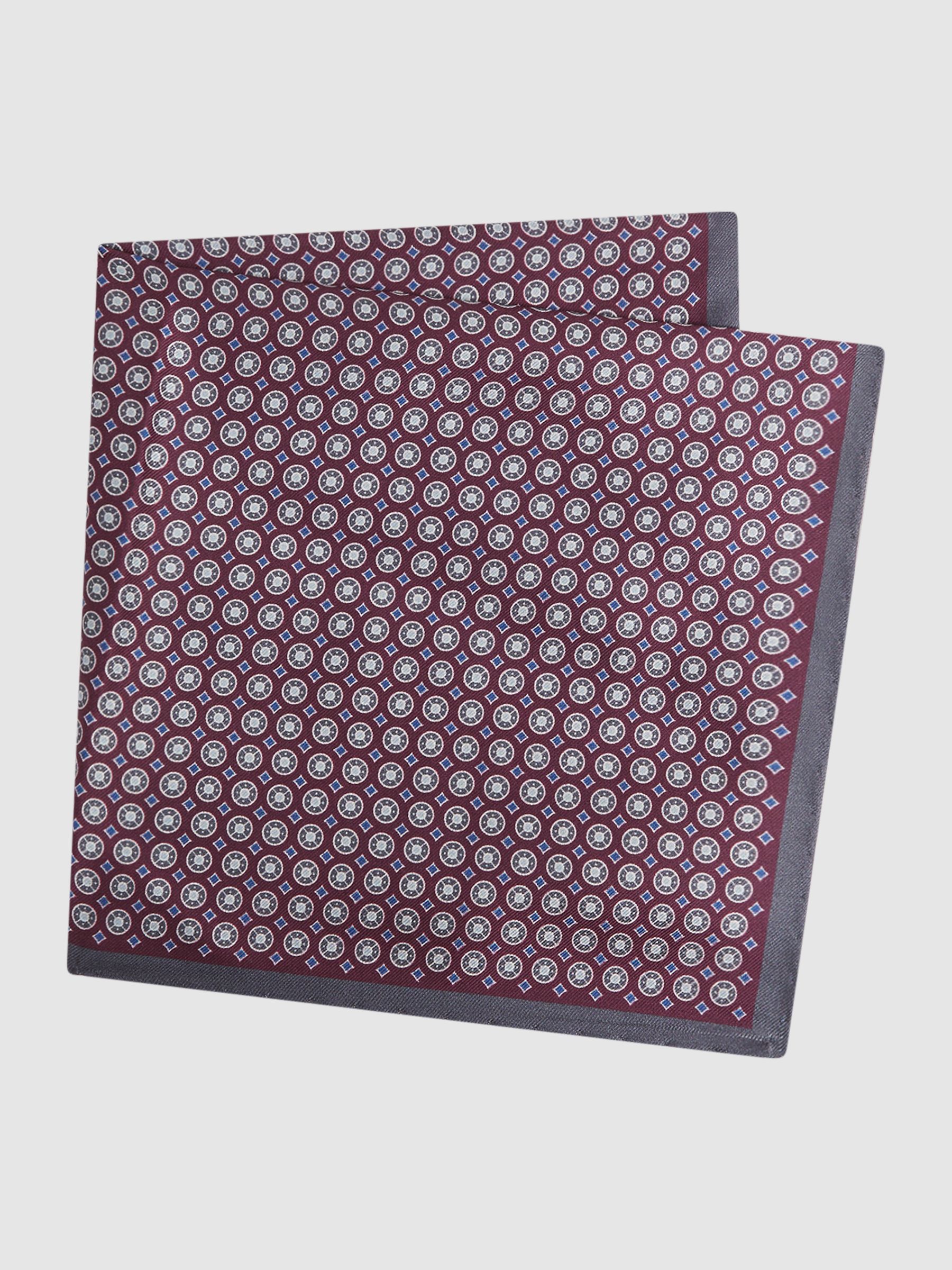 Silk Printed Pocket Square in Bordeaux/Charcoal - Image 4 of 5