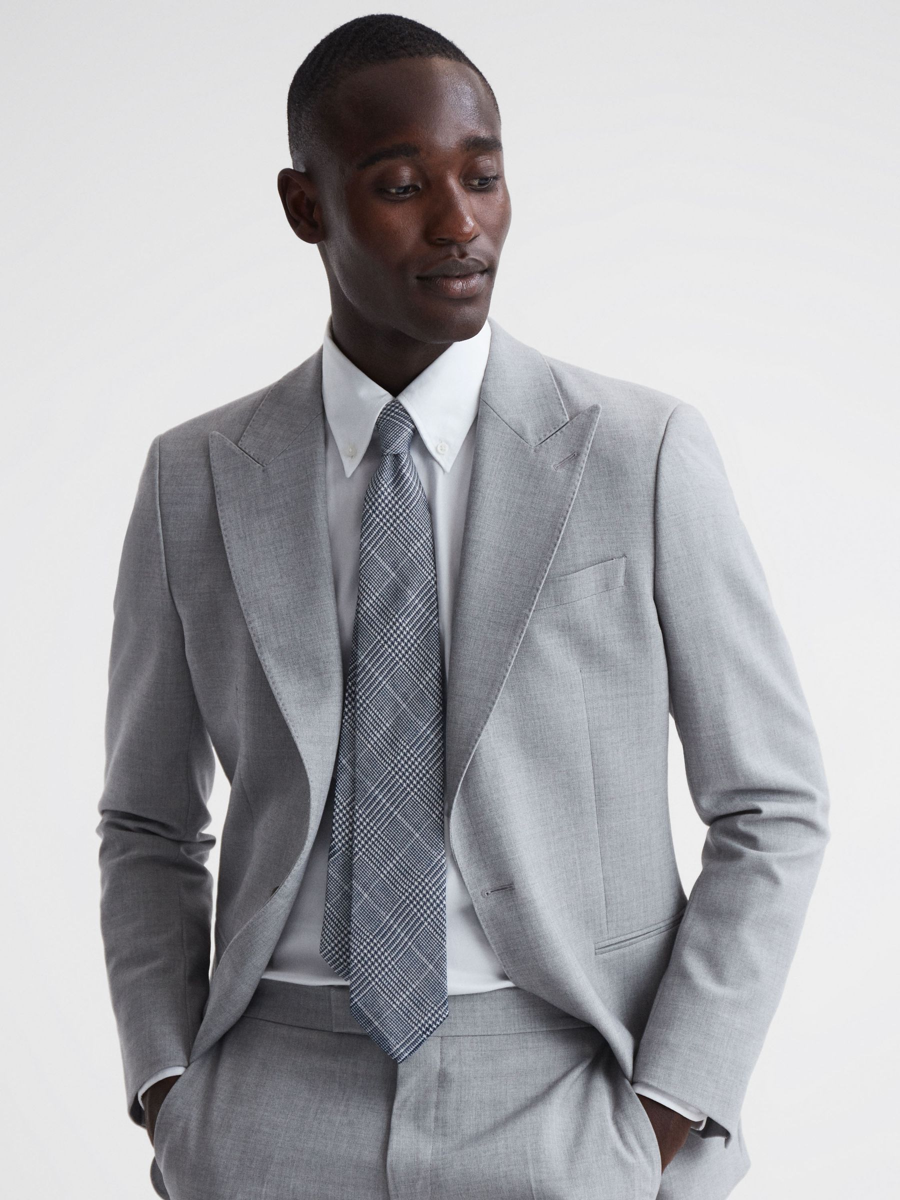 Silk Prince of Wales Check Tie in Airforce Blue - Image 2 de 5