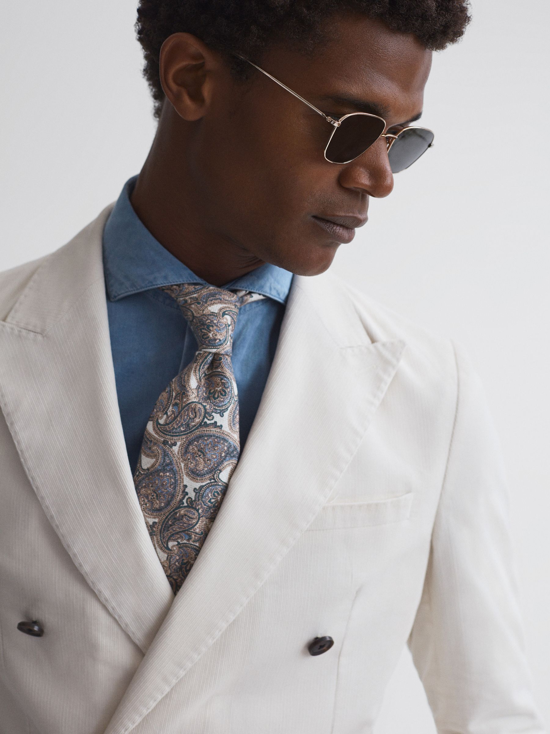 Silk Paisley Tie in Ivory/Blue - Image 2 of 5