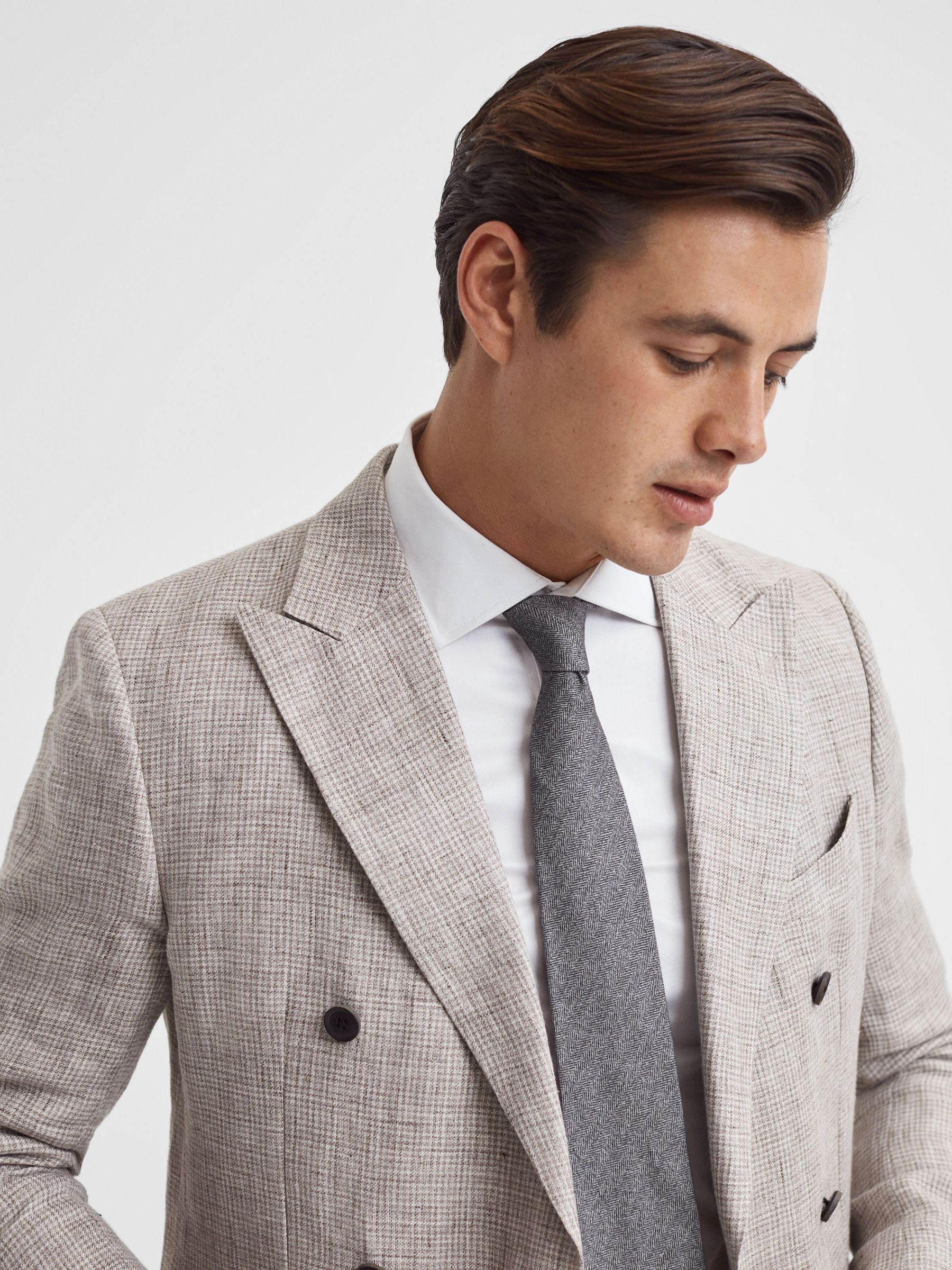 Brushed Cotton Herringbone Tie in Grey Melange - Image 2 of 5 Brushed Cotton Herringbone Tie in Grey Melange - Image 2 of 5