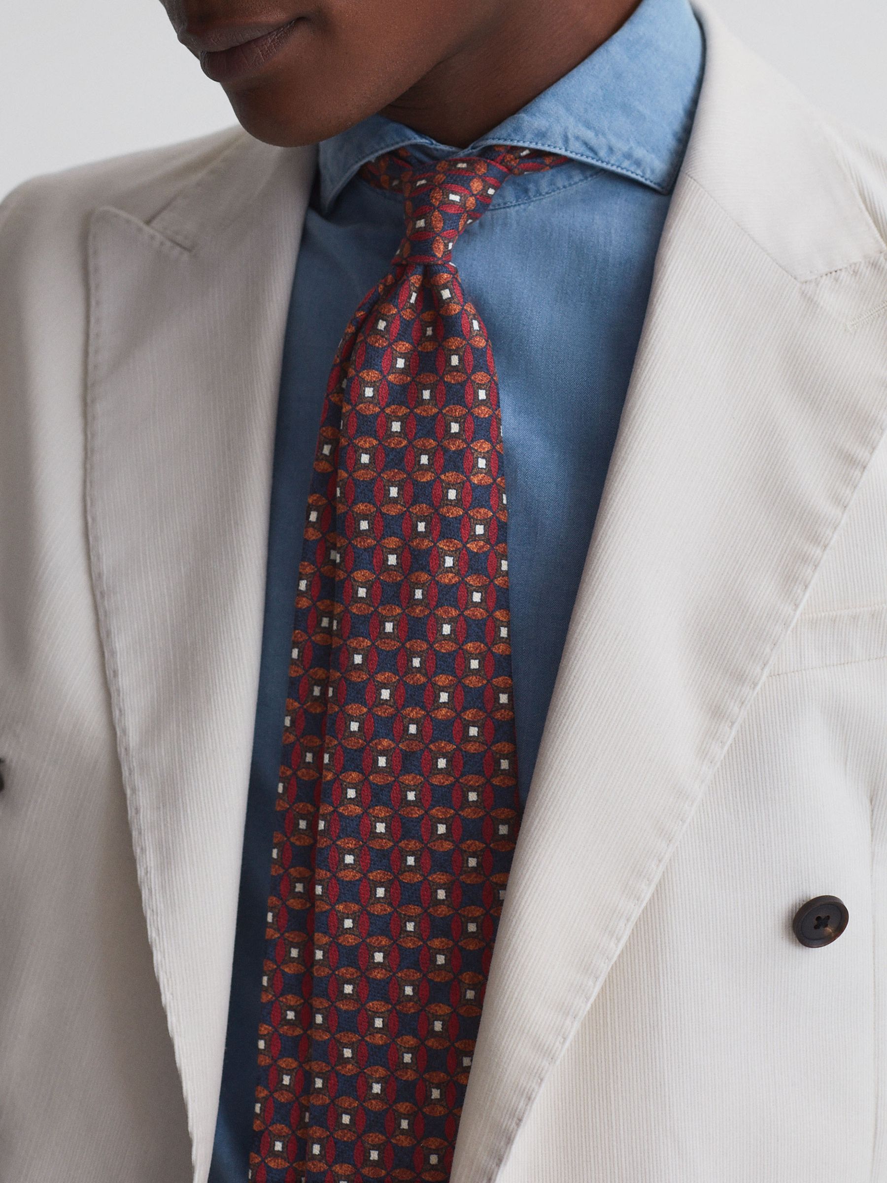 Silk Geometric Design Tie in Navy/Red - Image 2 of 5