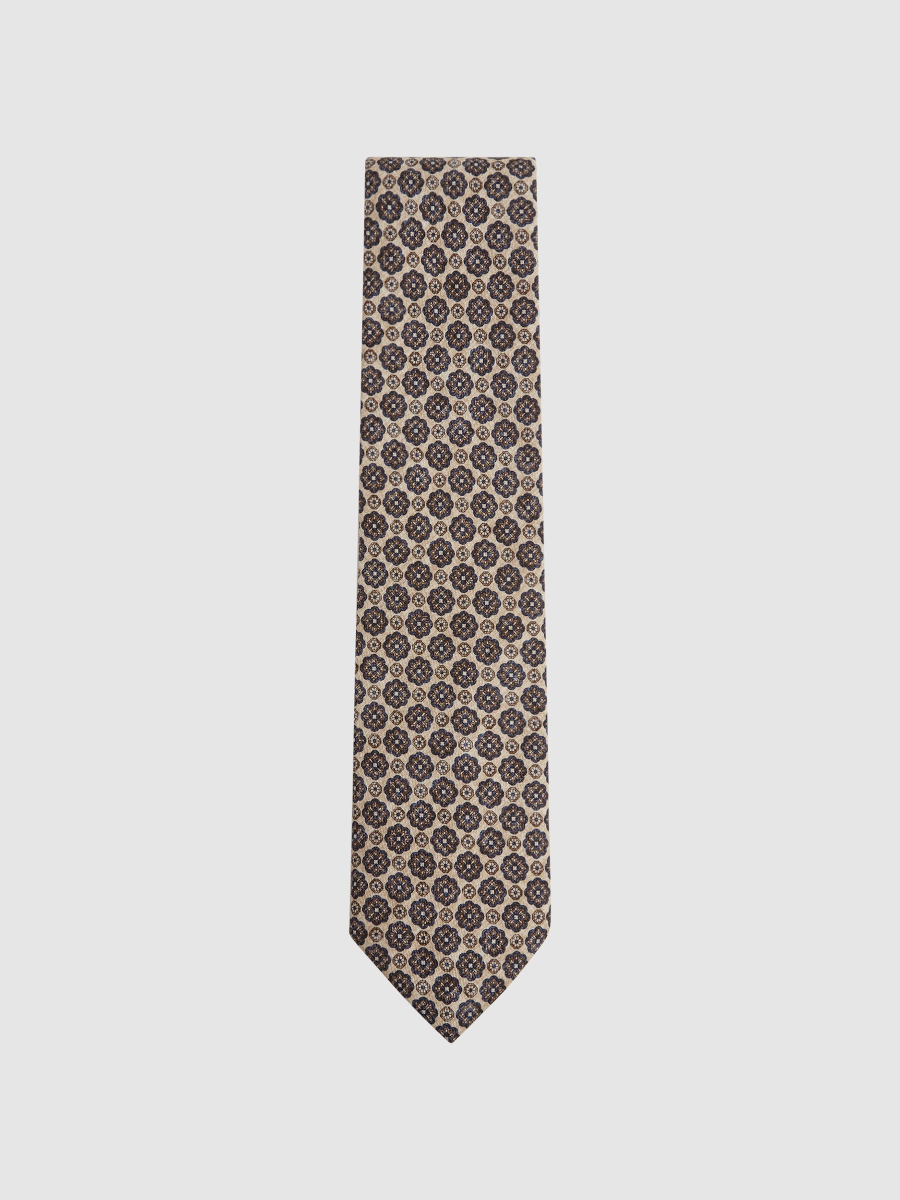 Silk Floral Medallion Tie in Oatmeal Melange/Navy - Image 1 of 4