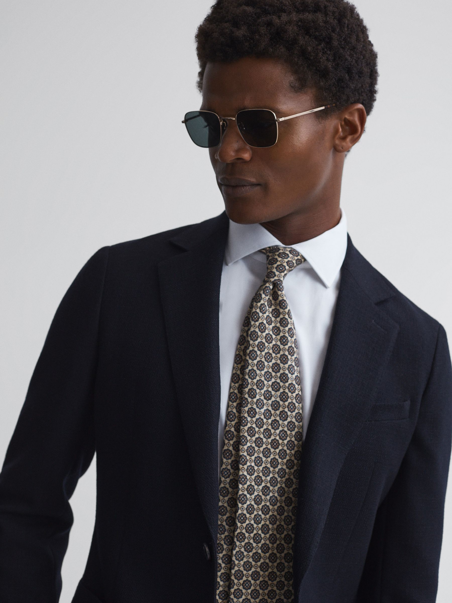 Silk Floral Medallion Tie in Oatmeal Melange/Navy - Image 2 of 4
