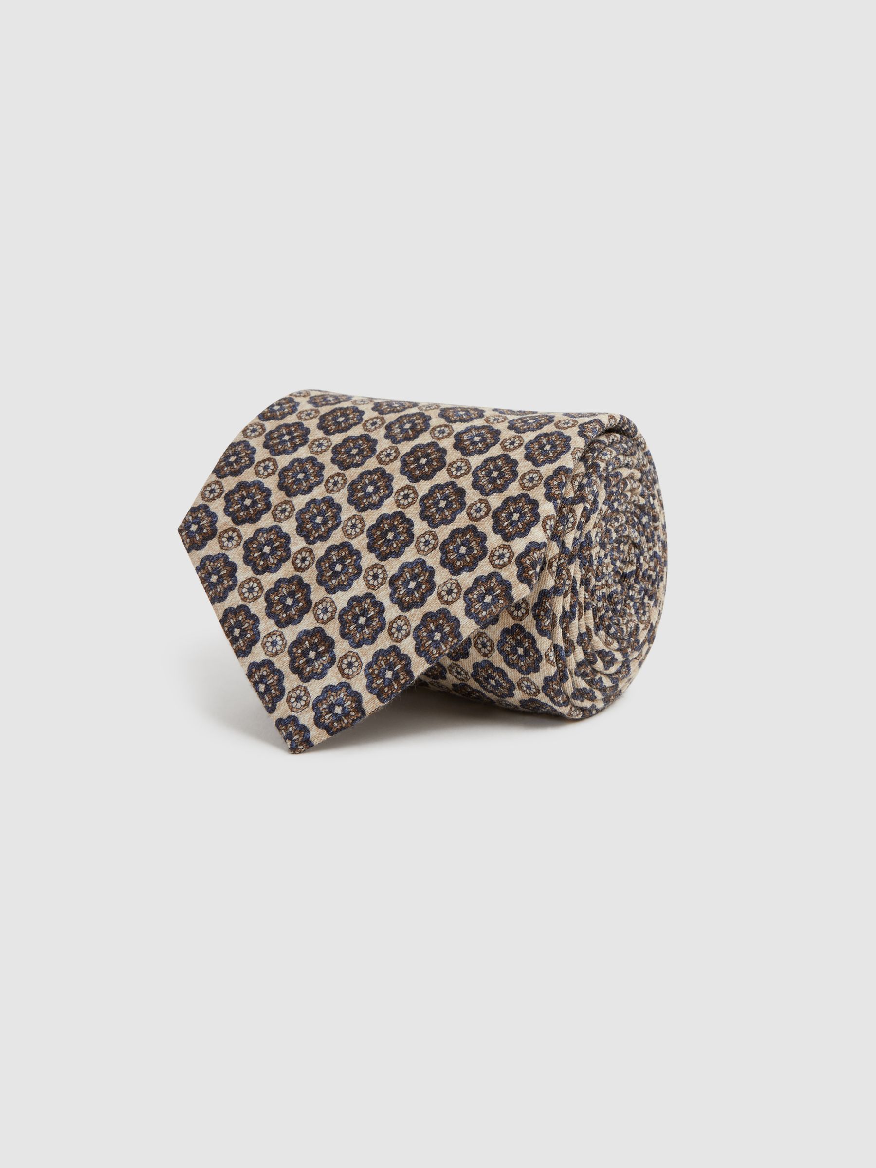 Silk Floral Medallion Tie in Oatmeal Melange/Navy - Image 3 of 4