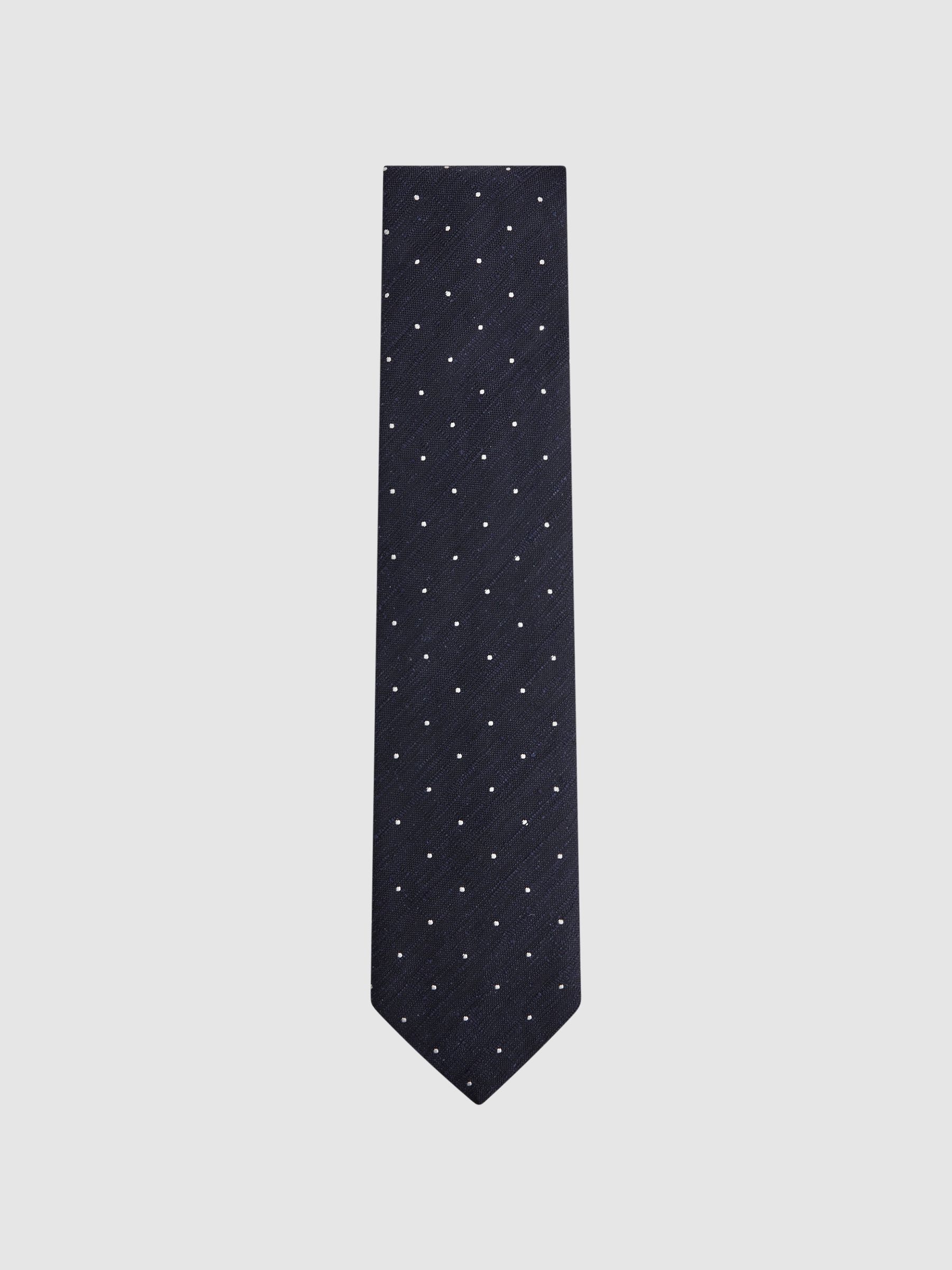 Silk Textured Polka Dot Tie in Navy - Image 1 of 5