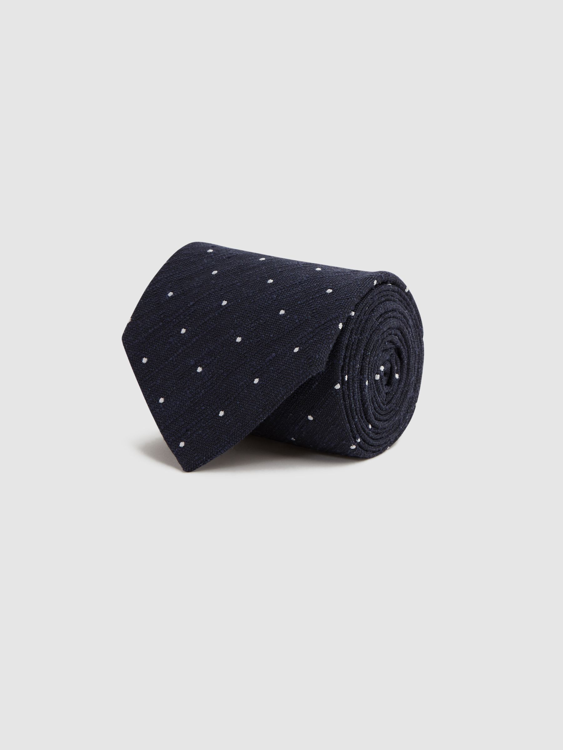 Silk Textured Polka Dot Tie in Navy - Image 3 of 5
