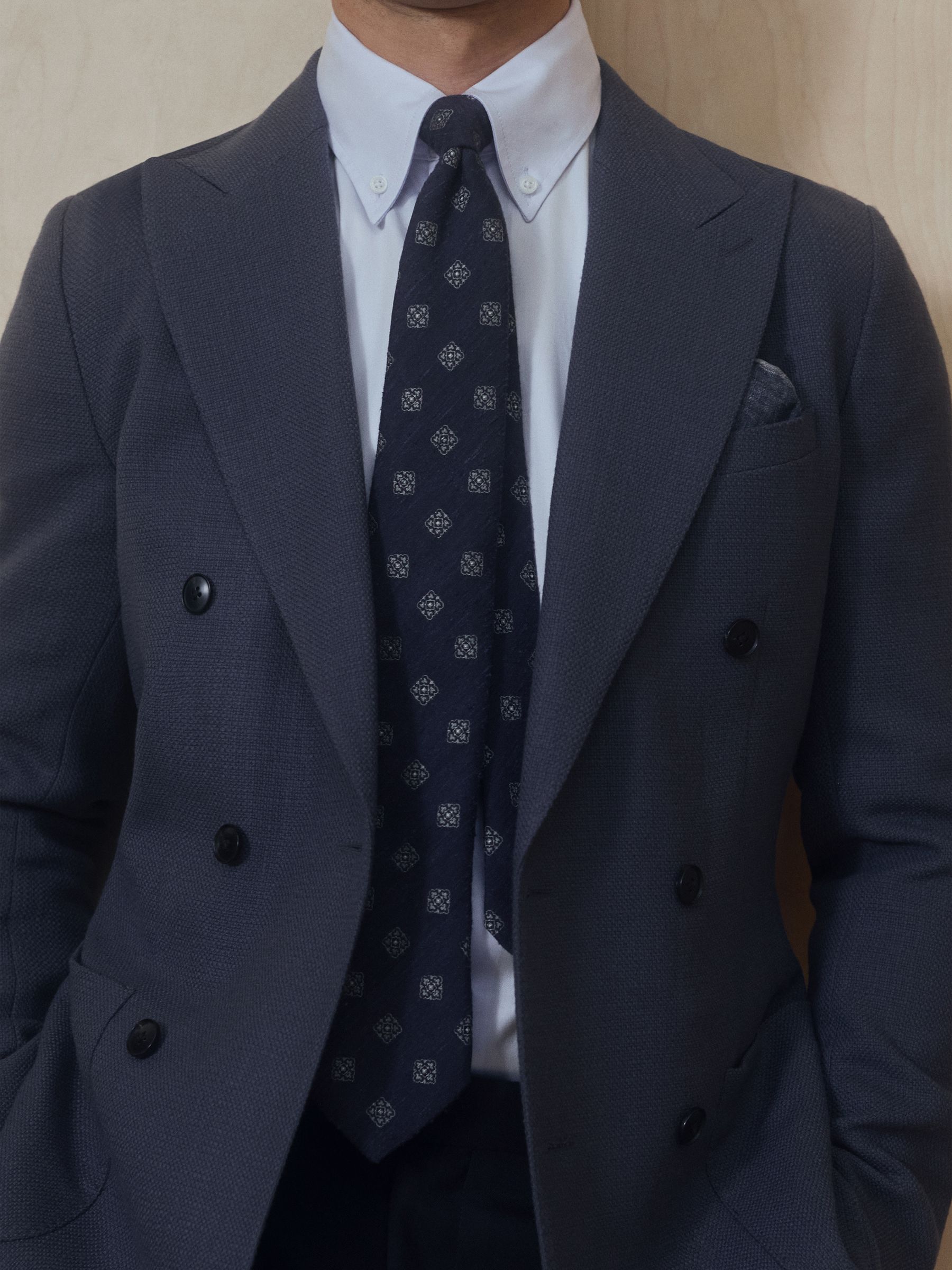 Textured Silk Medallion Tie in Navy - Image 2 of 6 Textured Silk Medallion Tie in Navy - Image 2 of 6