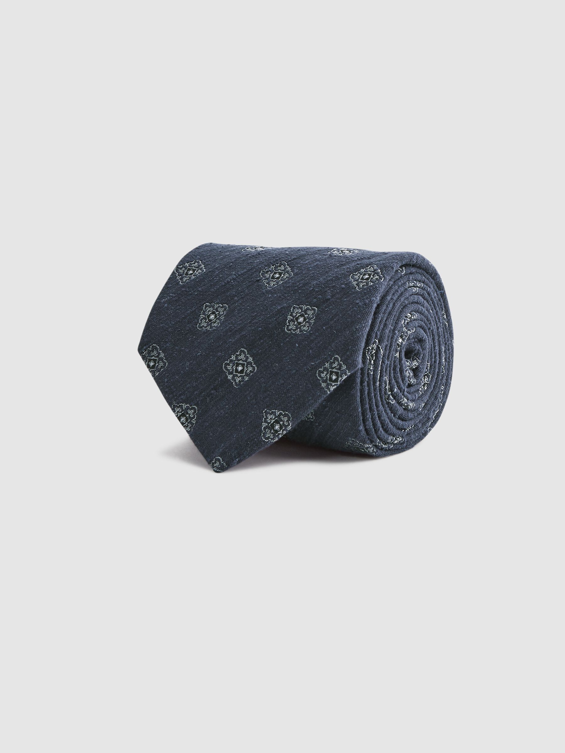 Textured Silk Medallion Tie in Navy - Image 3 of 6