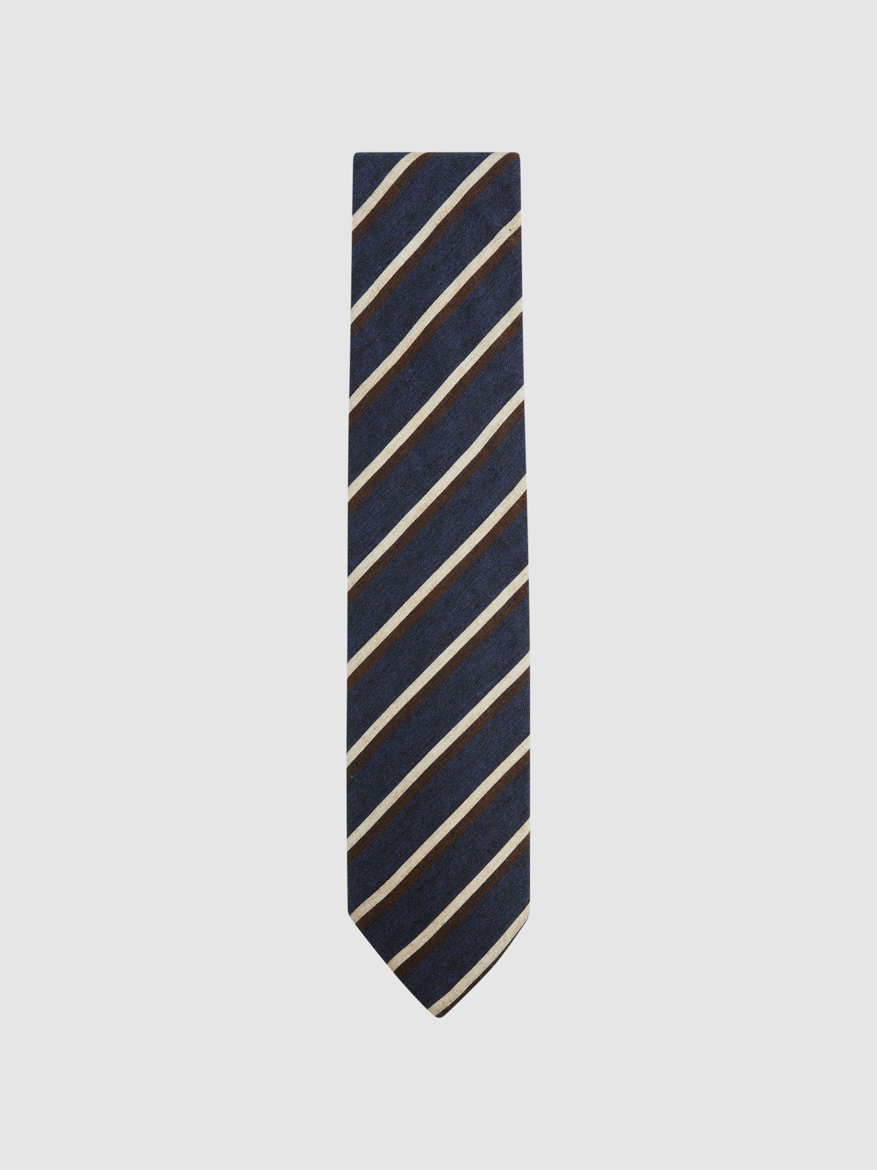 Wool-Cotton Striped Tie in Navy - Image 1 of 5 Wool-Cotton Striped Tie in Navy - Image 1 of 5