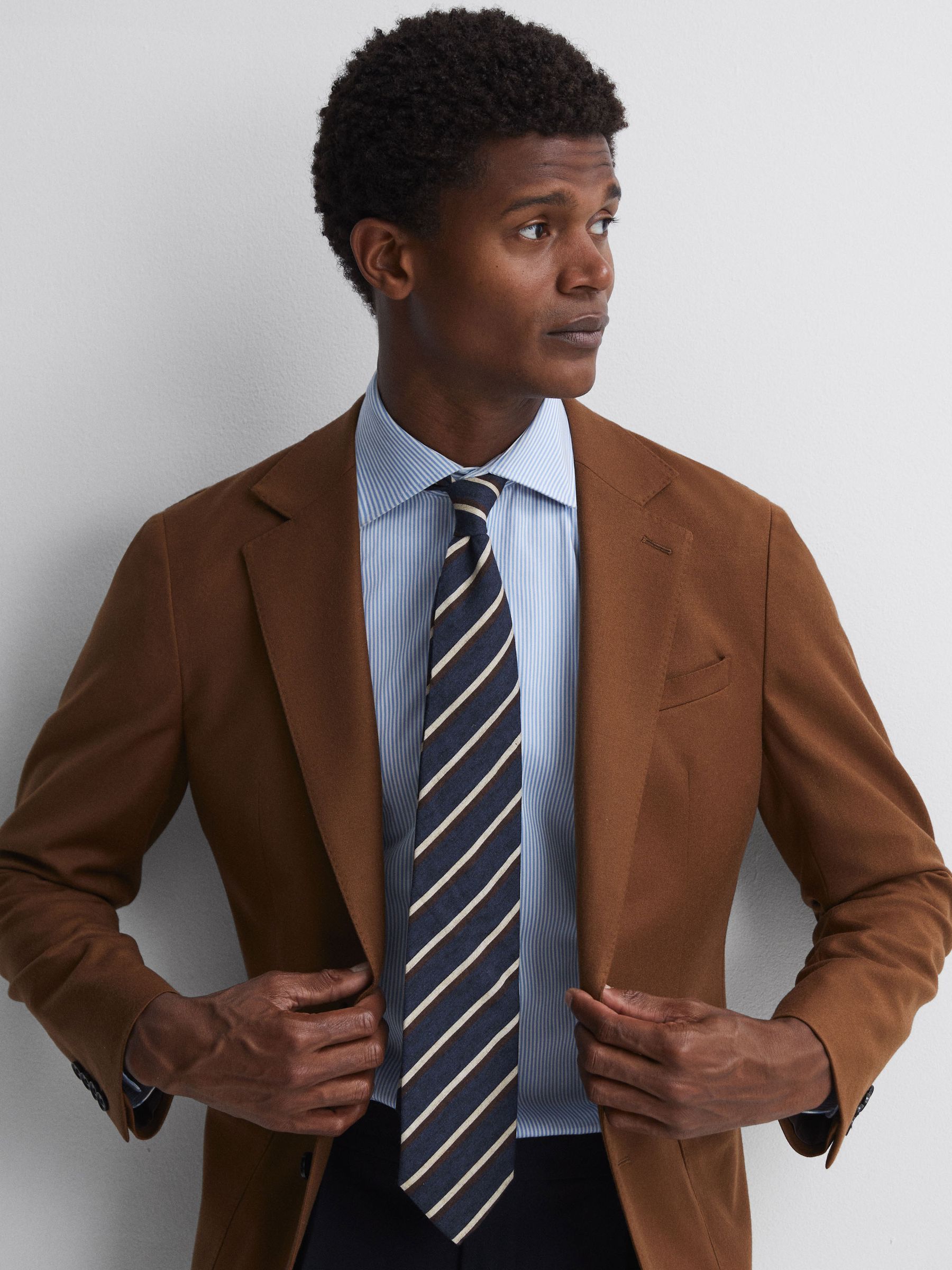 Wool-Cotton Striped Tie in Navy - Image 2 of 5 Wool-Cotton Striped Tie in Navy - Image 2 of 5