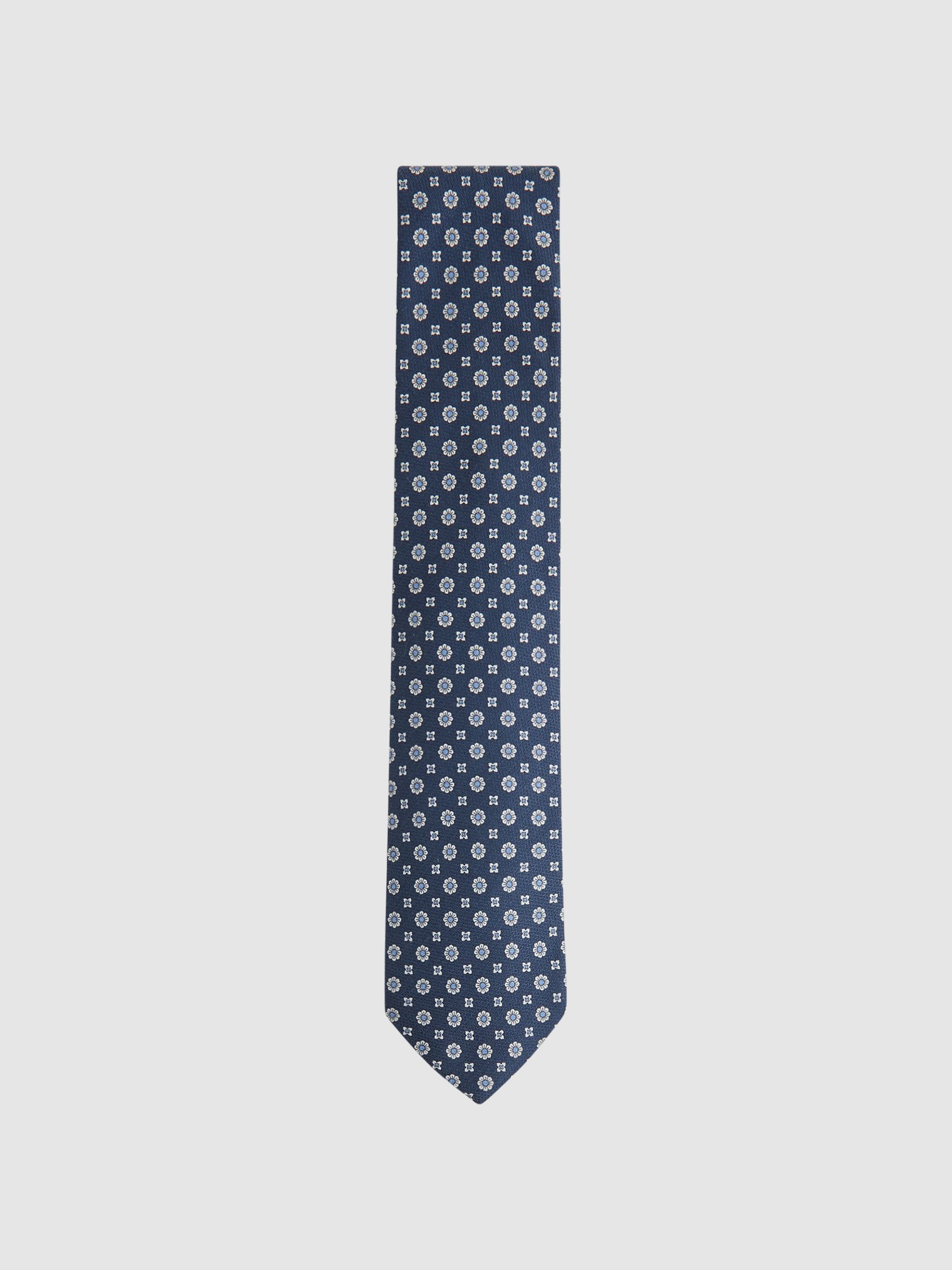 Silk Floral Medallion Tie in Airforce Blue - Image 1 of 5 Silk Floral Medallion Tie in Airforce Blue - Image 1 of 5