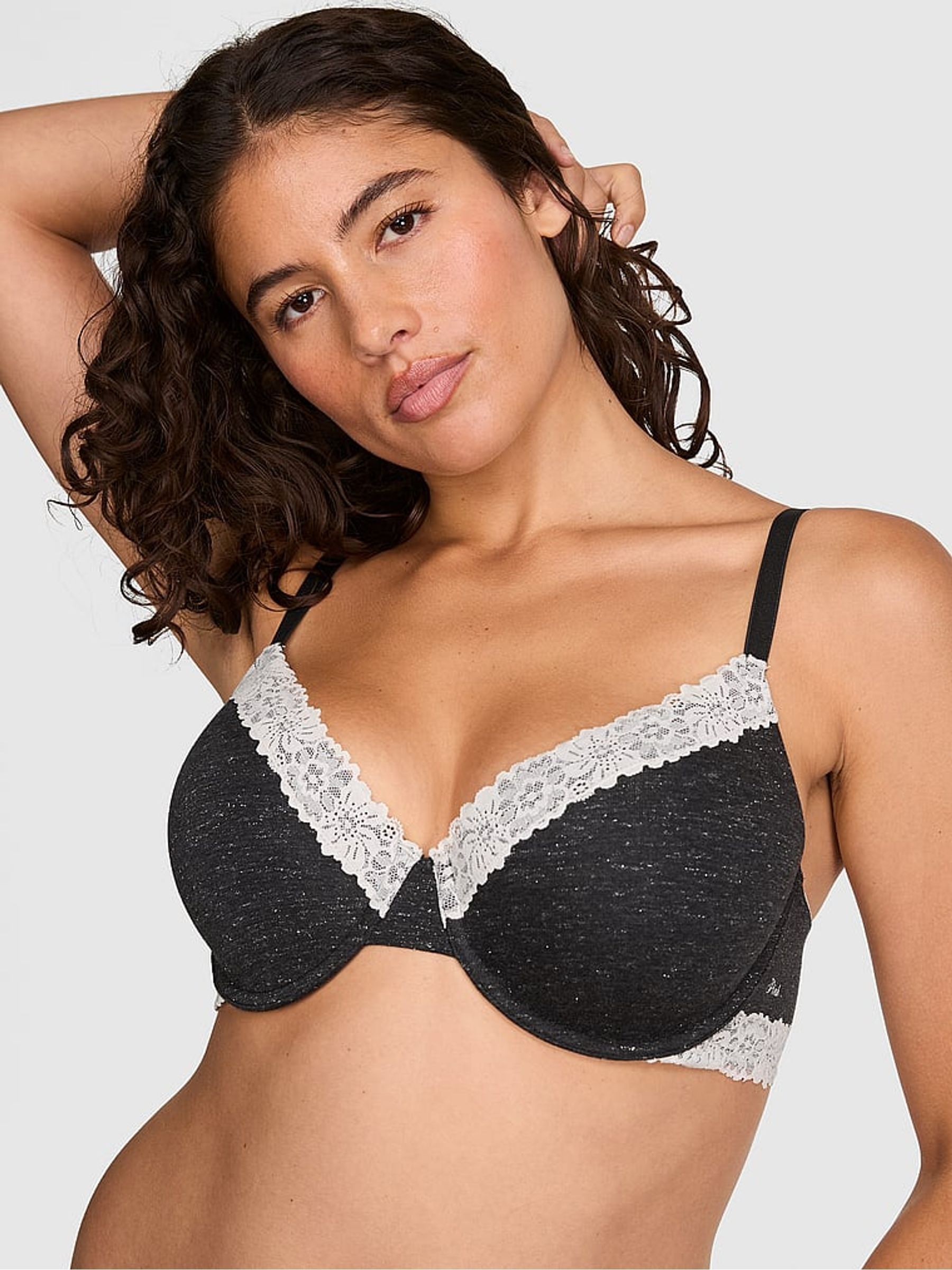 Charcoal Heather Grey Lightly Lined Cotton Heather Lace Trim Bra - Image 1 of 2