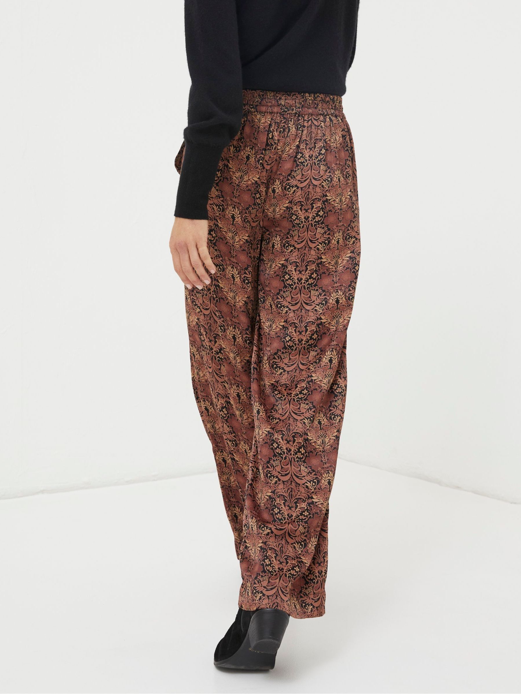 Black Art Floral Satin Printed Trousers - Image 2 of 5