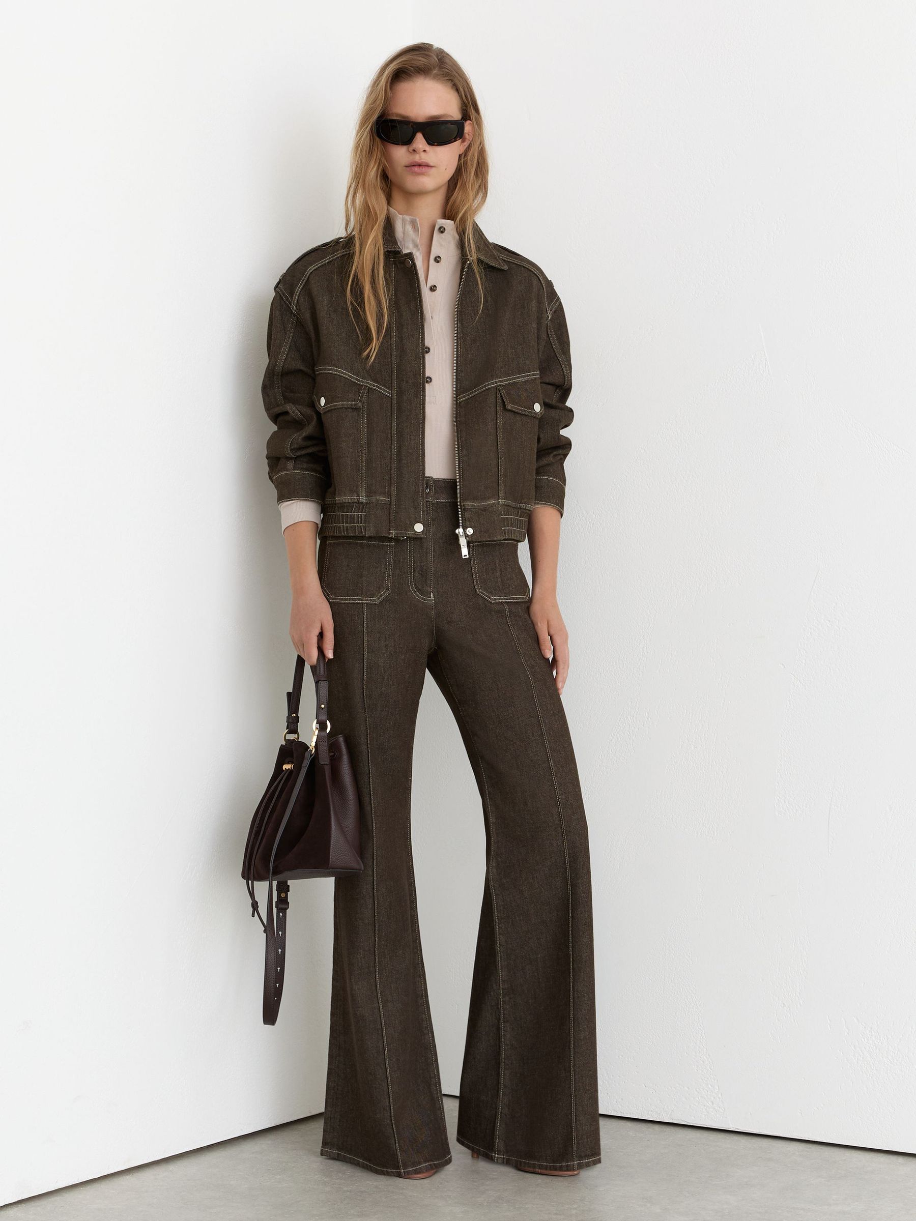 Patch-Pocket Flared Jeans in Brown - Image 1 of 8 Patch-Pocket Flared Jeans in Brown - Image 1 of 8