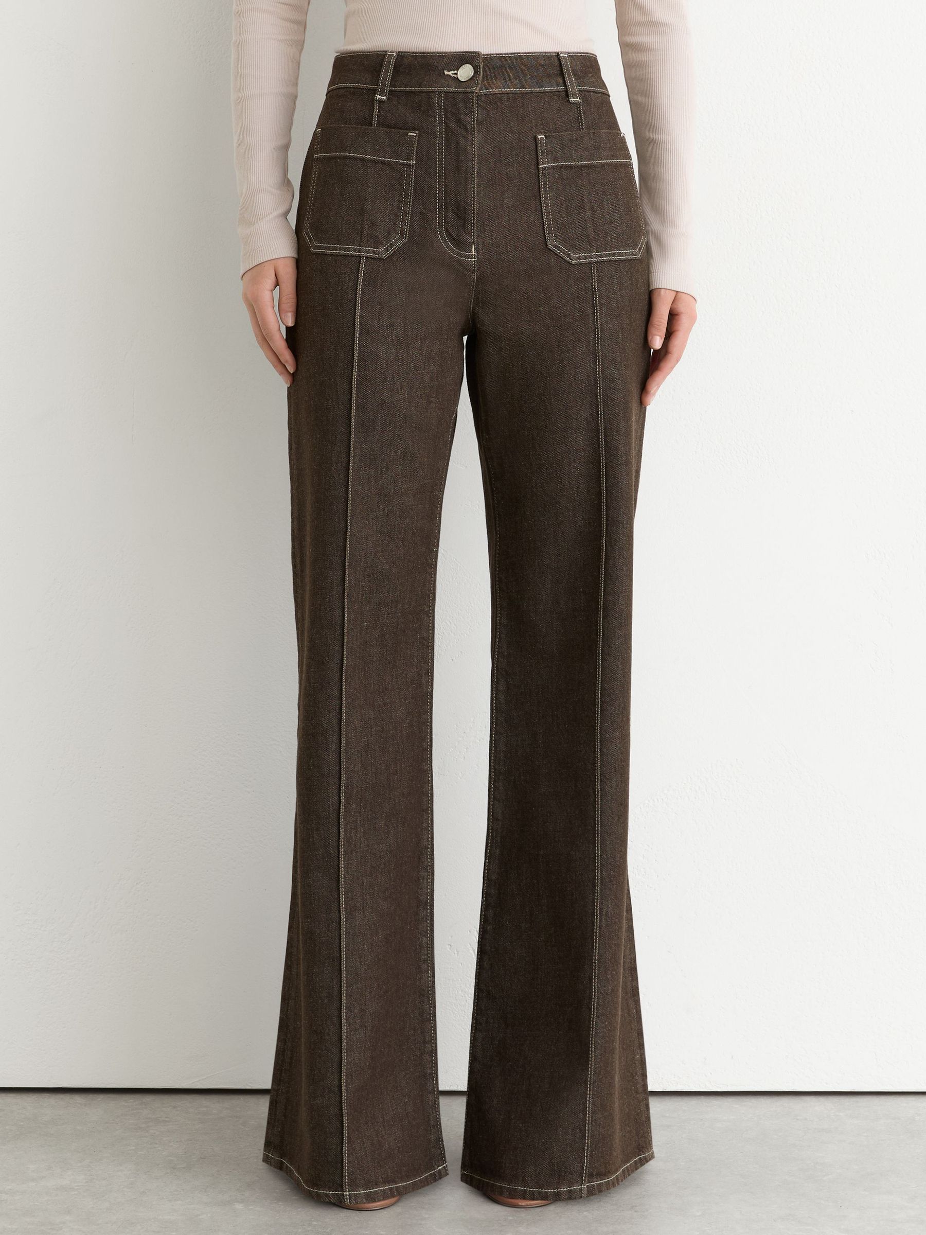 Patch-Pocket Flared Jeans in Brown - Image 3 of 8