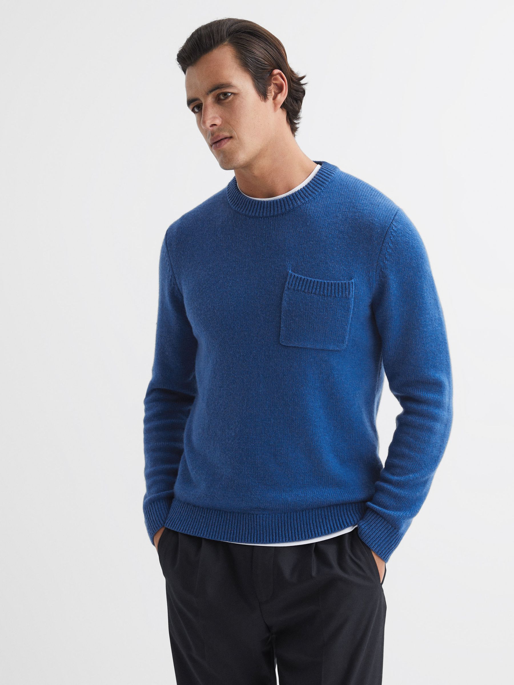 Wool Blend Chunky Crew Neck Jumper in Bright Blue - Image 1 of 5
