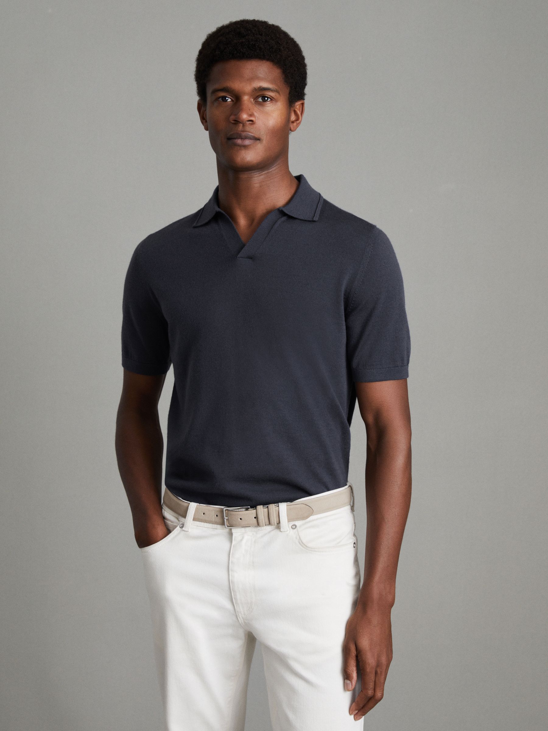 Merino Wool Open Collar Polo Shirt in Blue Smoke - Image 1 of 6