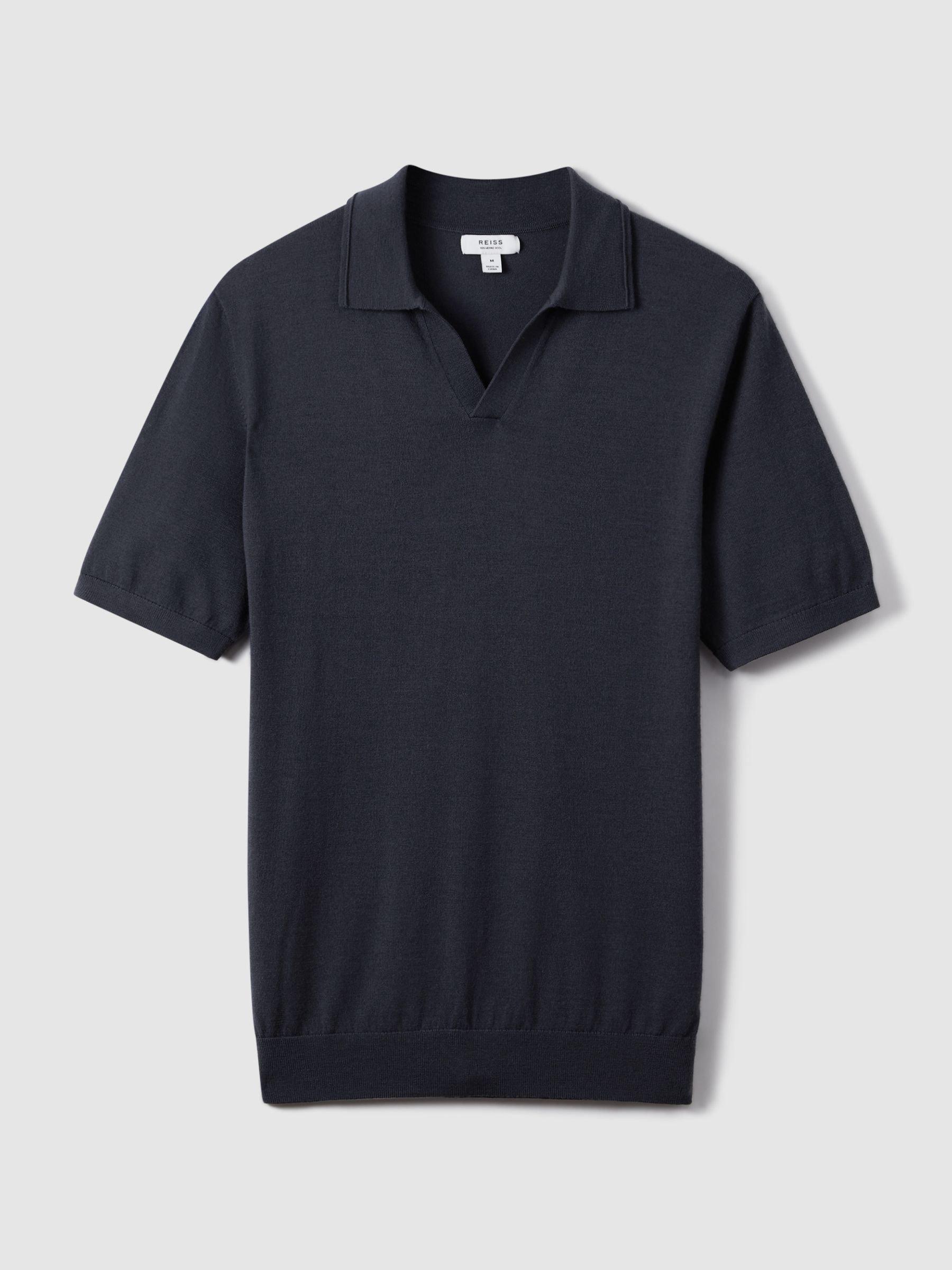 Merino Wool Open Collar Polo Shirt in Blue Smoke - Image 2 of 6